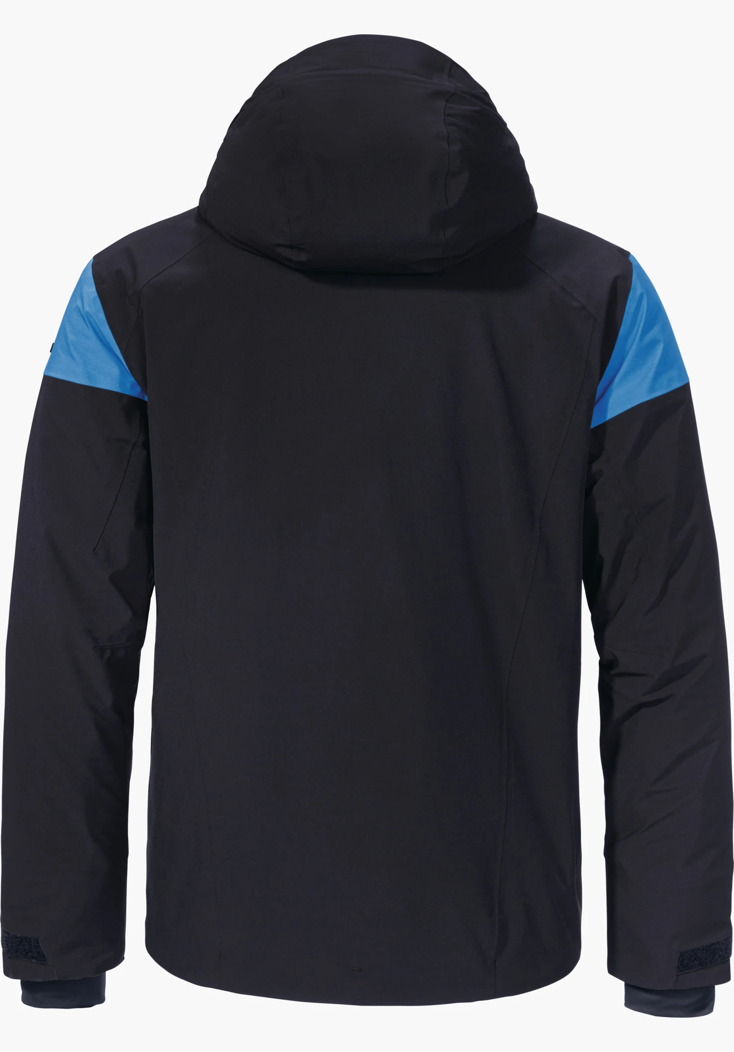 Jacket Style Safuna MNS Donkerblauwe jas, achteraanzicht; capuchon, lichtblauwe schouderpanelen, lange mouwen met klittenbandmanchetten; glad materiaal; witte achtergrond.