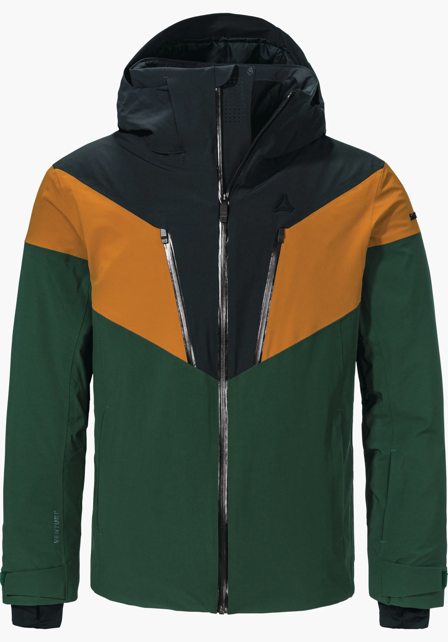Jacket Style Safuna MNS veste en vert, orange et bleu foncé, avec capuche, fermeture éclair frontale et deux zips poitrine en biais; logo Schöffel sur la poitrine. Inscriptions: « VENTURI », « Schöffel ». Sur fond blanc.