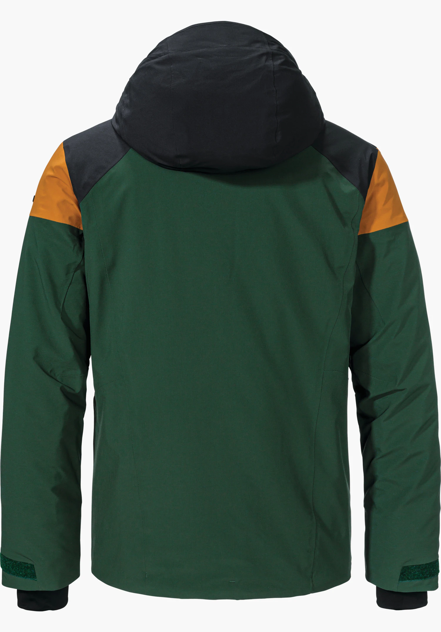 Jacket Style Safuna MNS veste de ski vert foncé, vue arrière; capuche noire et empiècement d’épaules noir, inserts épaules orange clair; fond blanc.