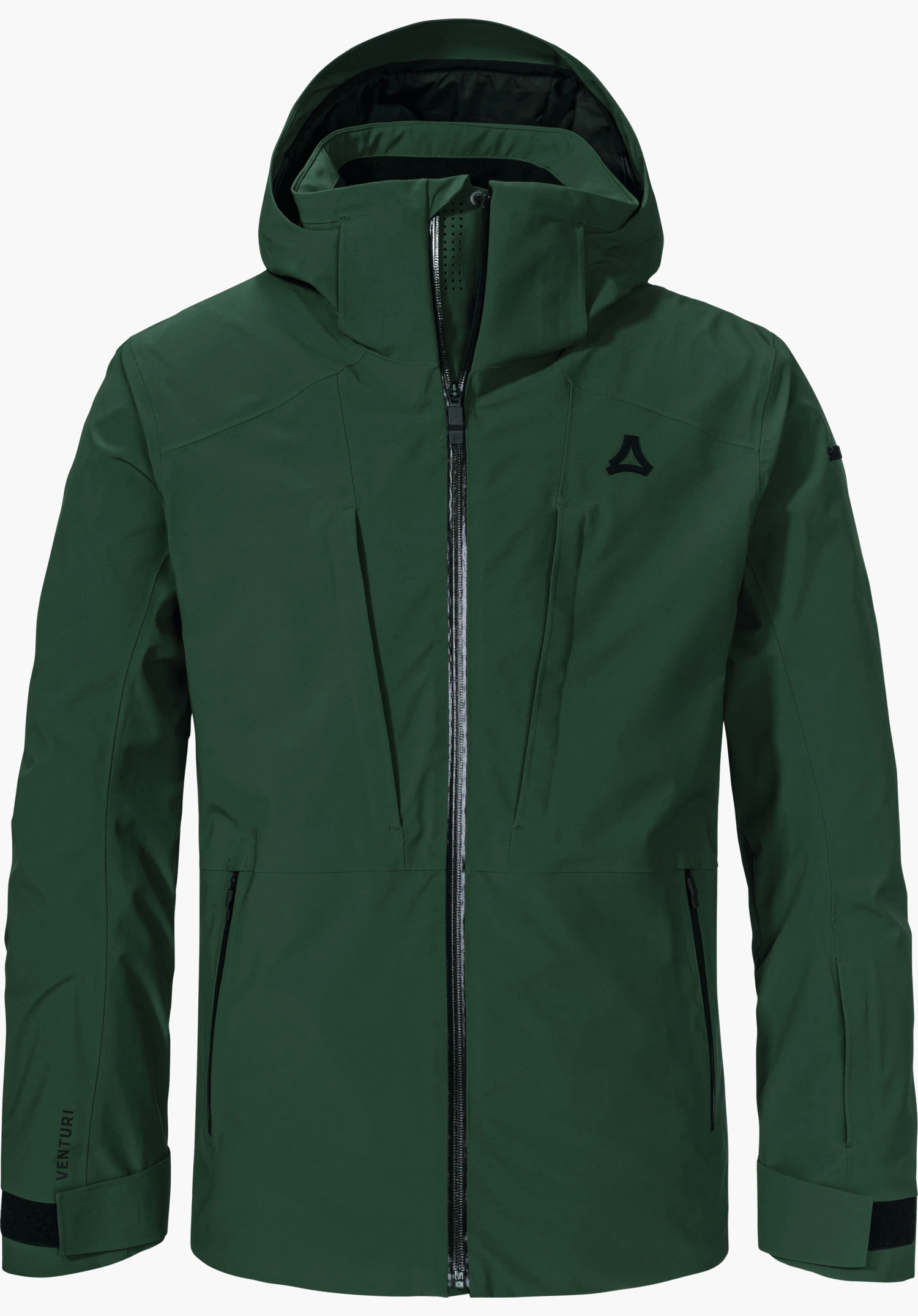 Shell Jk Style Pontre MNS veste à capuche vert foncé, présentée de face avec fermeture éclair fermée; deux poches poitrine et hanches; logo Schöffel sur la poitrine; inscription « VENTURI » sur la manche gauche; détourée sur fond blanc.