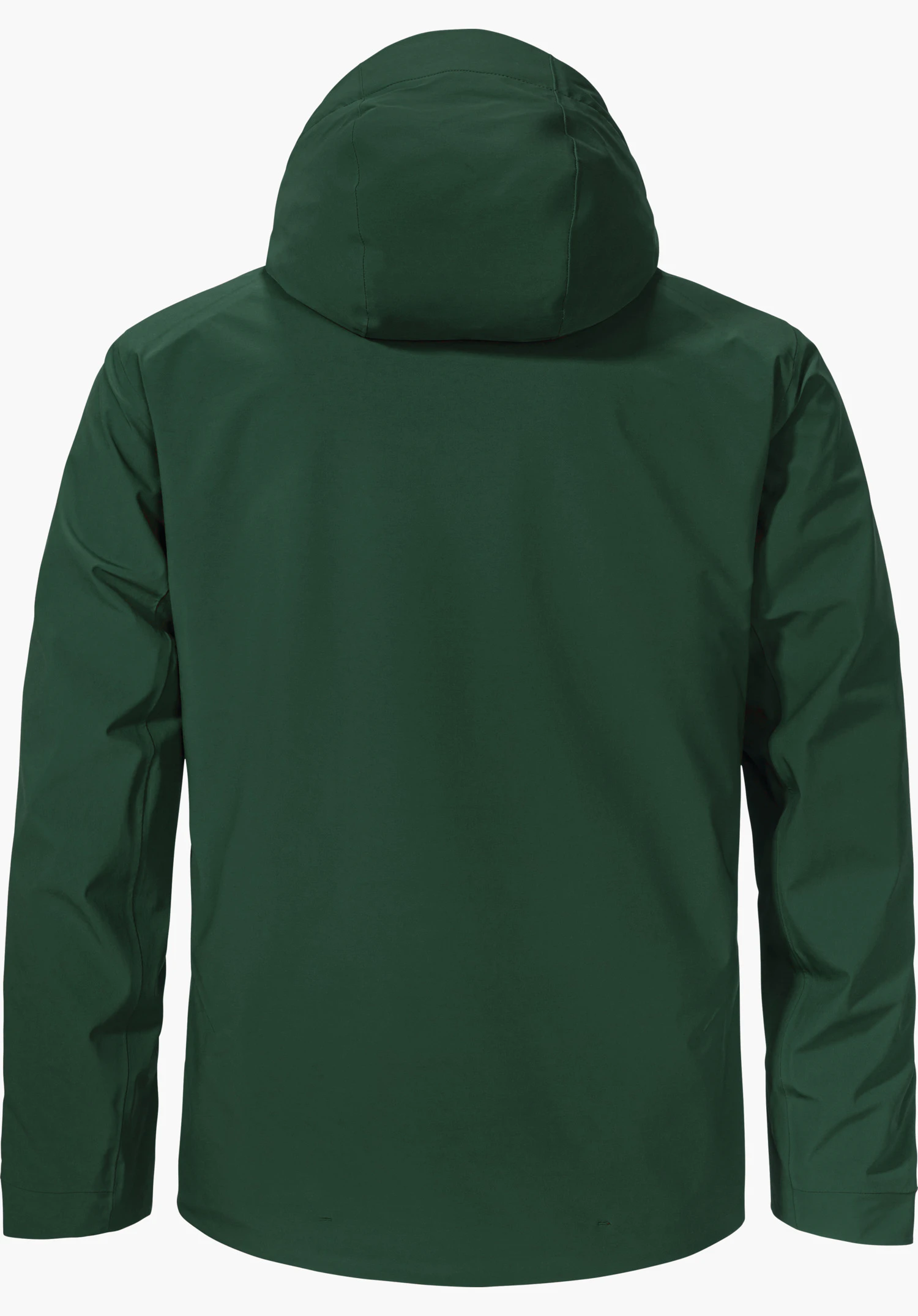 Shell Jk Style Pontre MNS veste de ski vert foncé à capuche, vue arrière; suspendue droite avec manches longues; fond blanc uni.