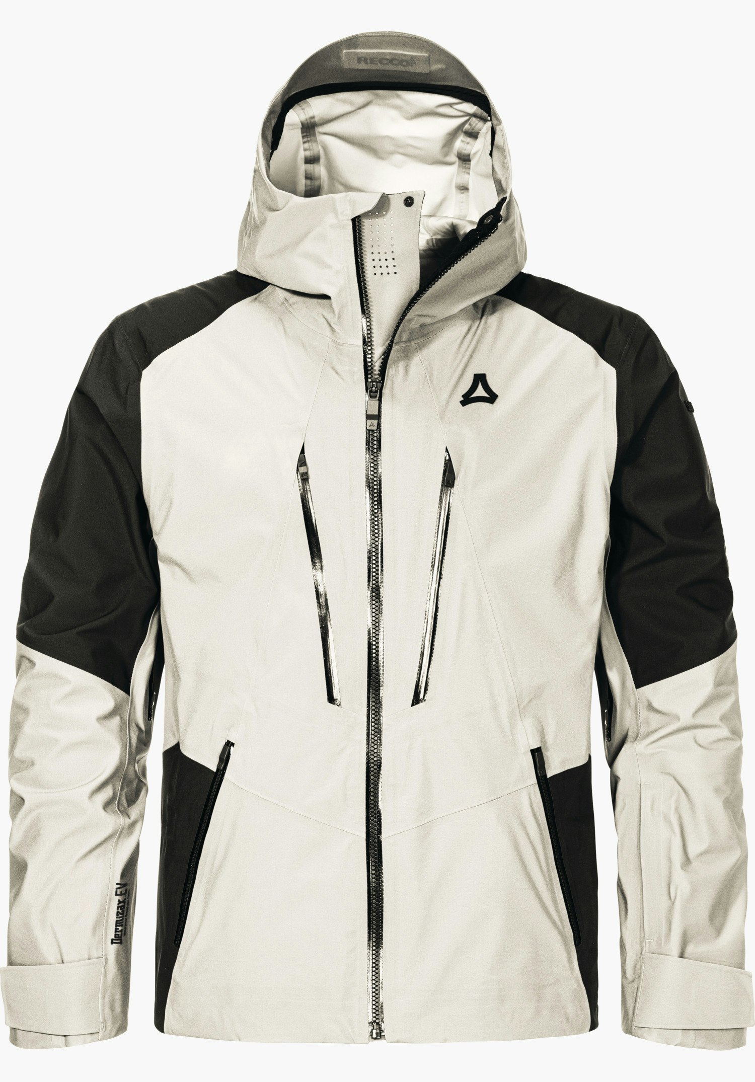 Shell Jk Style Lufeld MNS Jacke frontal vor neutralem Hintergrund; weißer Körper mit schwarzen Ärmeln und Schulterpartien, Kapuze, mittiger Reißverschluss und senkrechte Brusttaschen; Schöffel-Logo auf Brust. Schriftzug: RECCO, Dermizax EV.