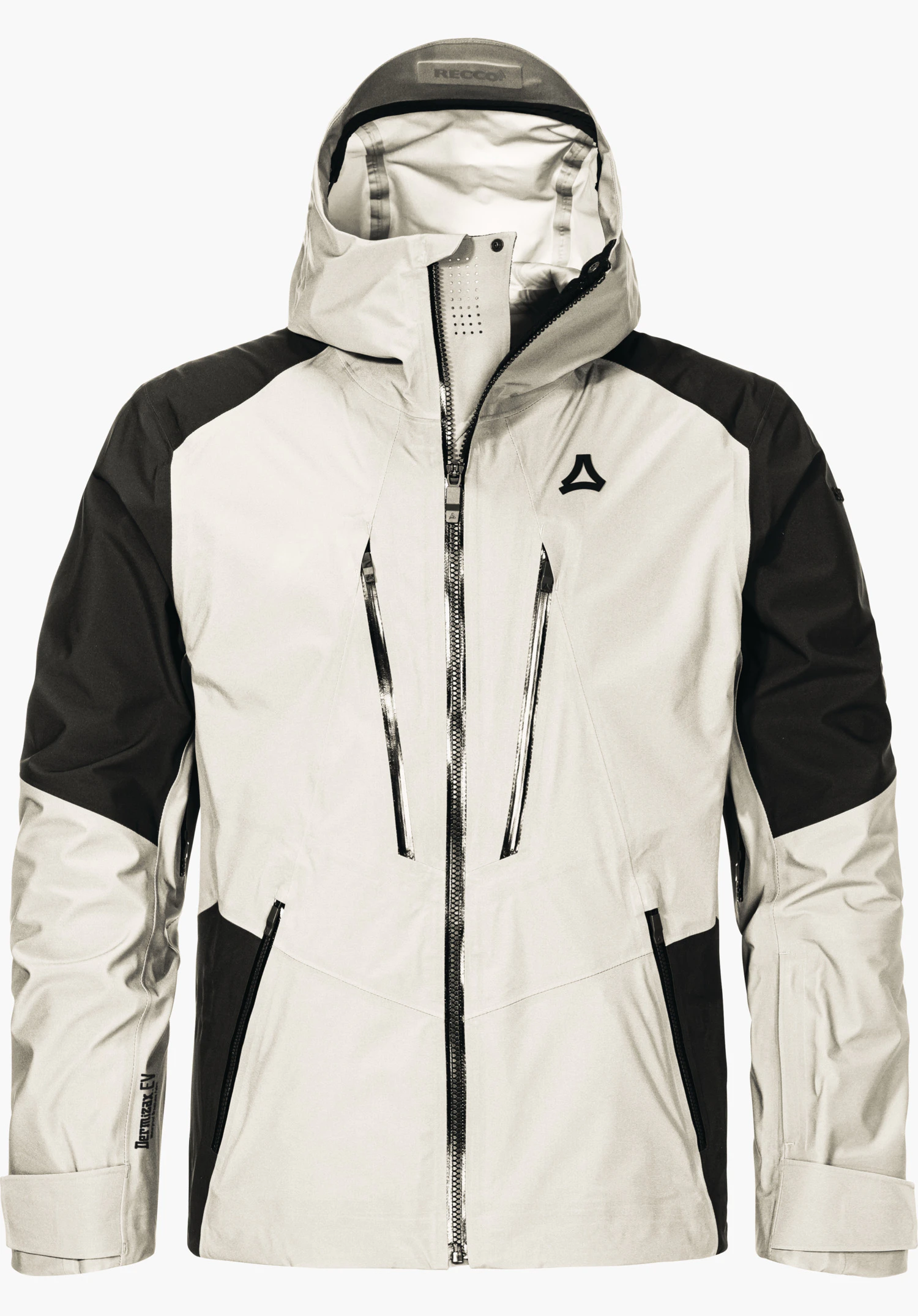 Shell Jk Style Lufeld MNS jacket, front view on neutral background; white body with black sleeves and shoulder panels, hood, central zip and vertical chest pockets; Schöffel logo on chest. Text: “RECCO”, “Dermizax EV”.