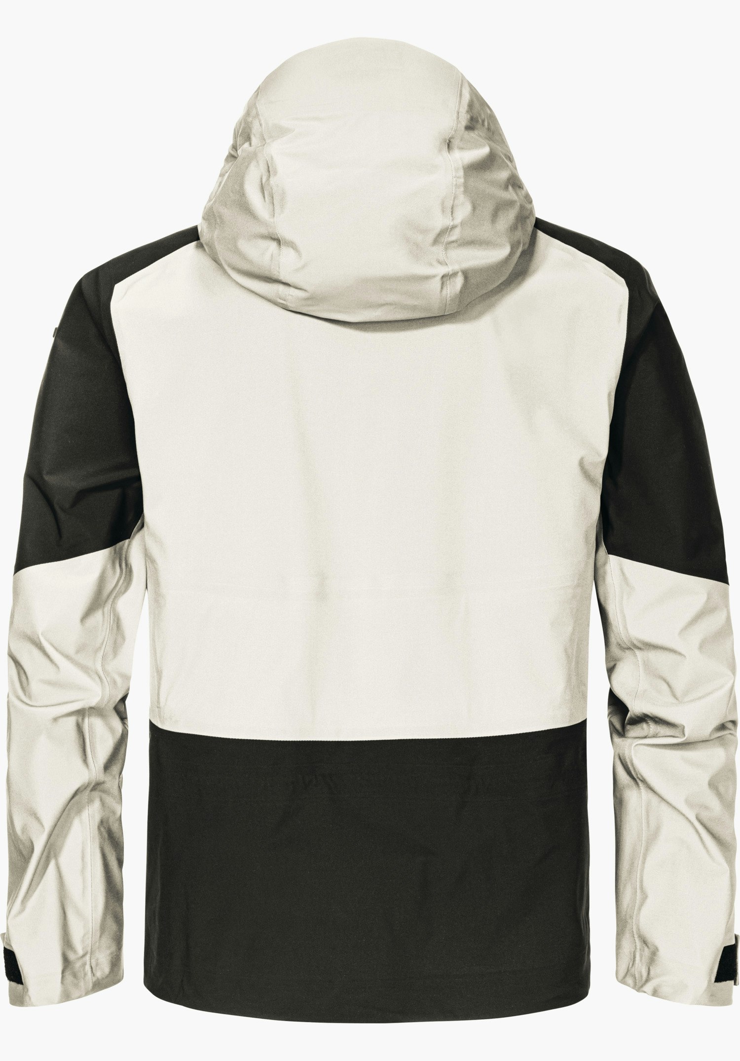 Shell Jk Style Lufeld MNS jacket, rear view with hood; colour block design with light white upper section and black lower section, long sleeves, smooth fabric, neutral light background.