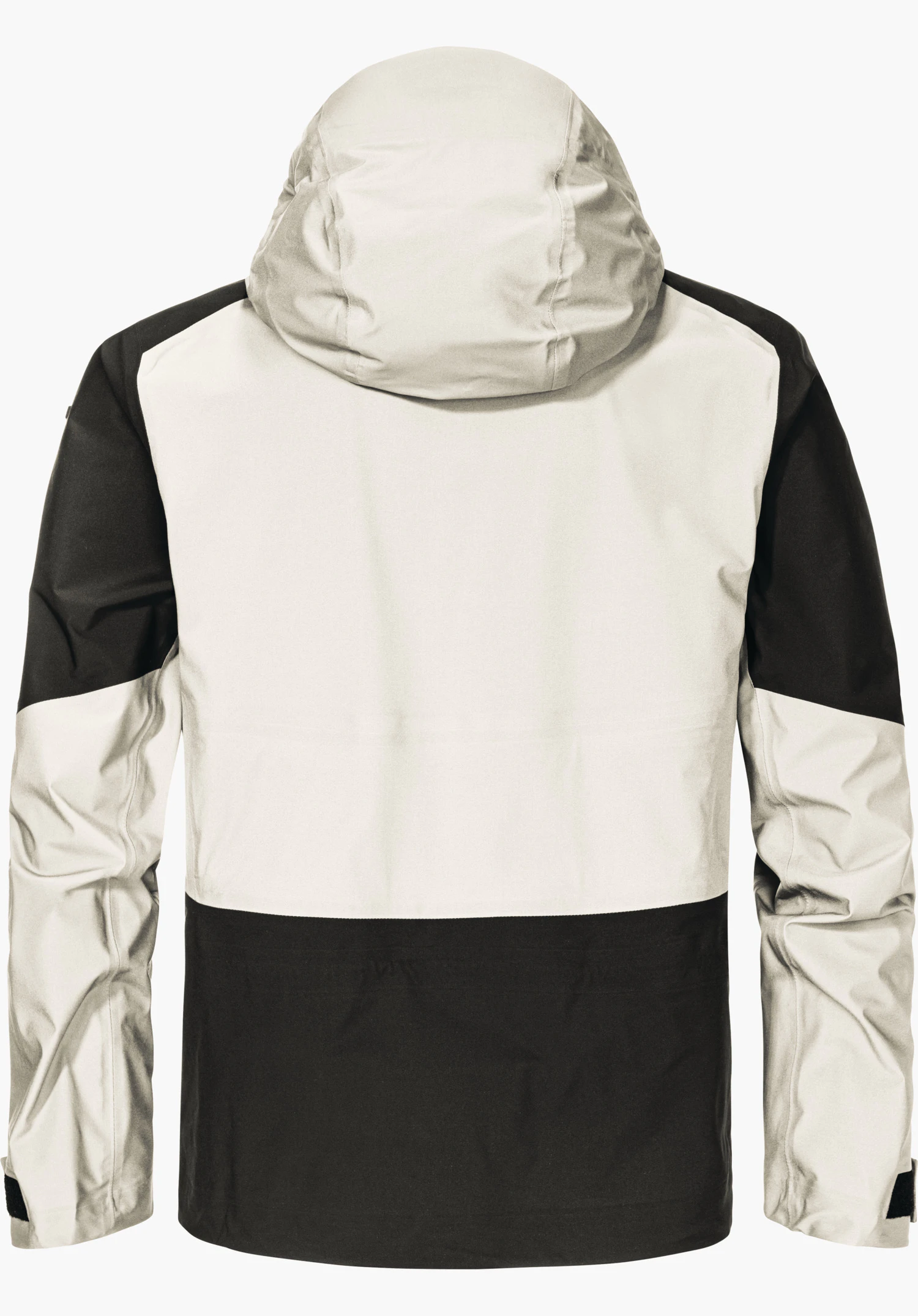 Shell Jk Style Lufeld MNS jacket, rear view with hood; colour block design with light white upper section and black lower section, long sleeves, smooth fabric, neutral light background.