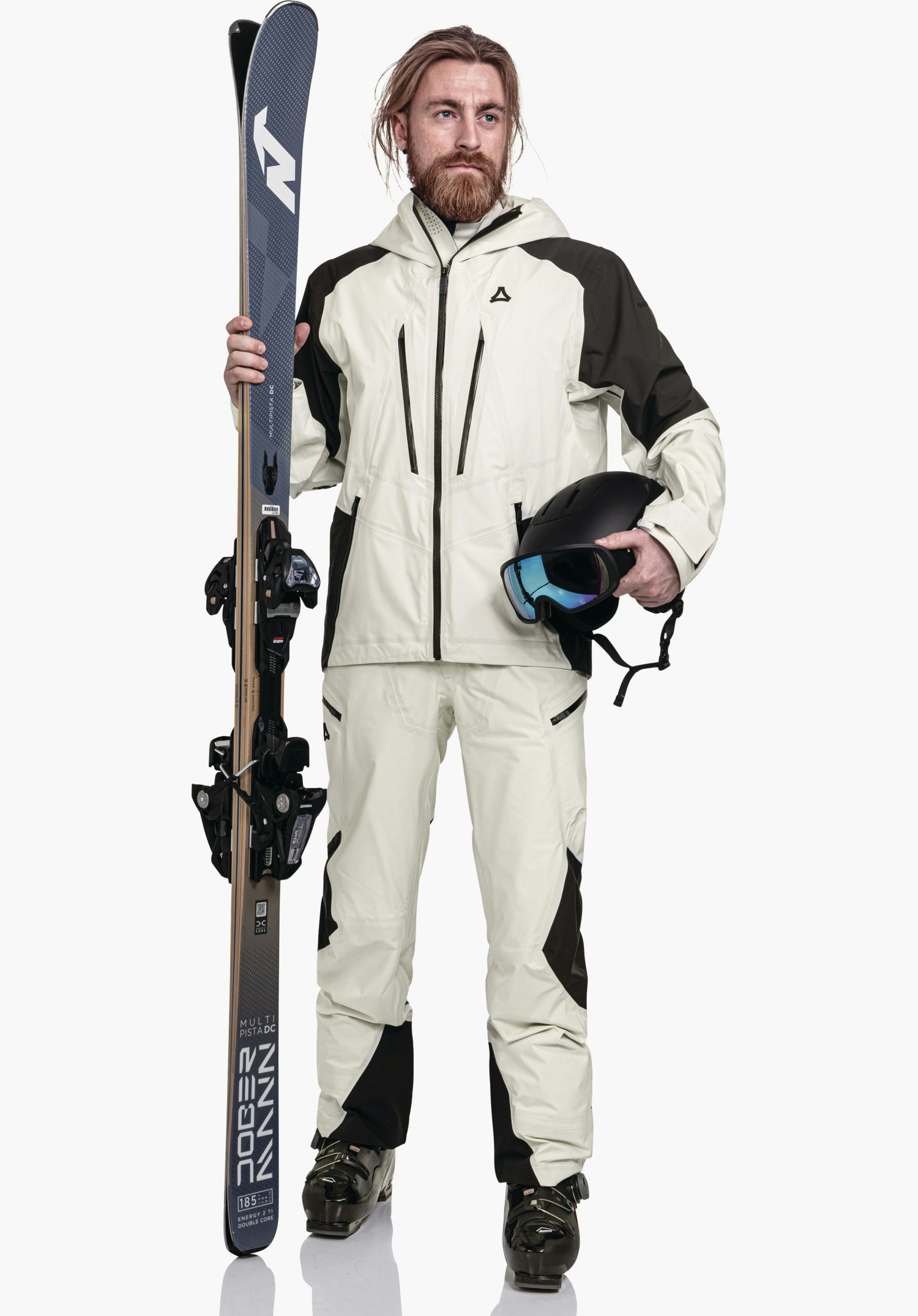 Shell Jk Style Lufeld MNS featuring the Schöffel logo on the chest and contrasting black zips on the fabric in natur. Close-up shot against a white background.