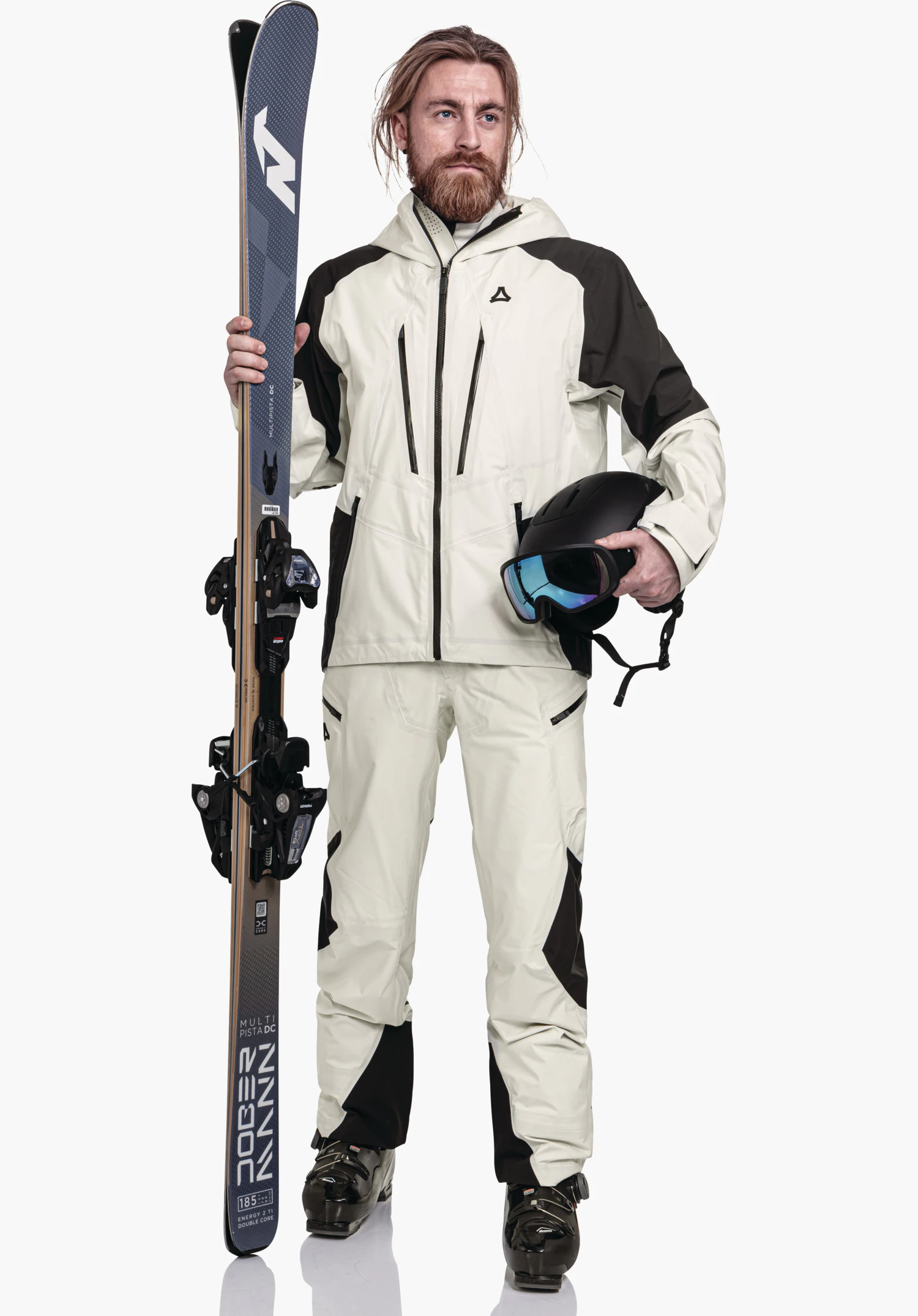 Shell Jk Style Lufeld MNS featuring the Schöffel logo on the chest and contrasting black zips on the fabric in natur. Close-up shot against a white background.