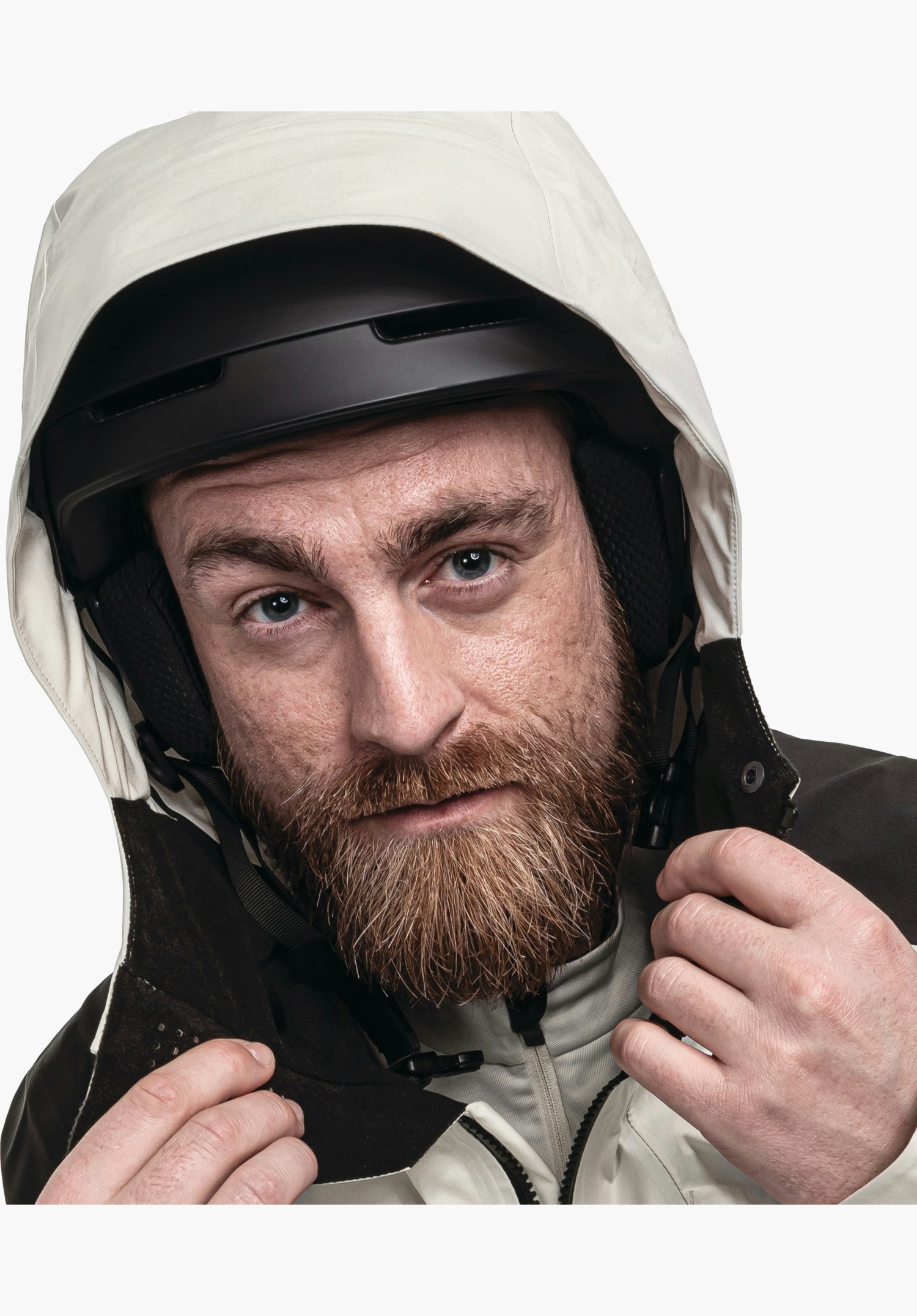 Shell Jk Style Lufeld MNS detail view of the helmet-compatible hood and high collar with laser-cut ventilation holes in the chin guard. The fabric in colour natur shows a robust structure, whilst the open zip reveals the inner lining. Close-up against a white/neutral background.