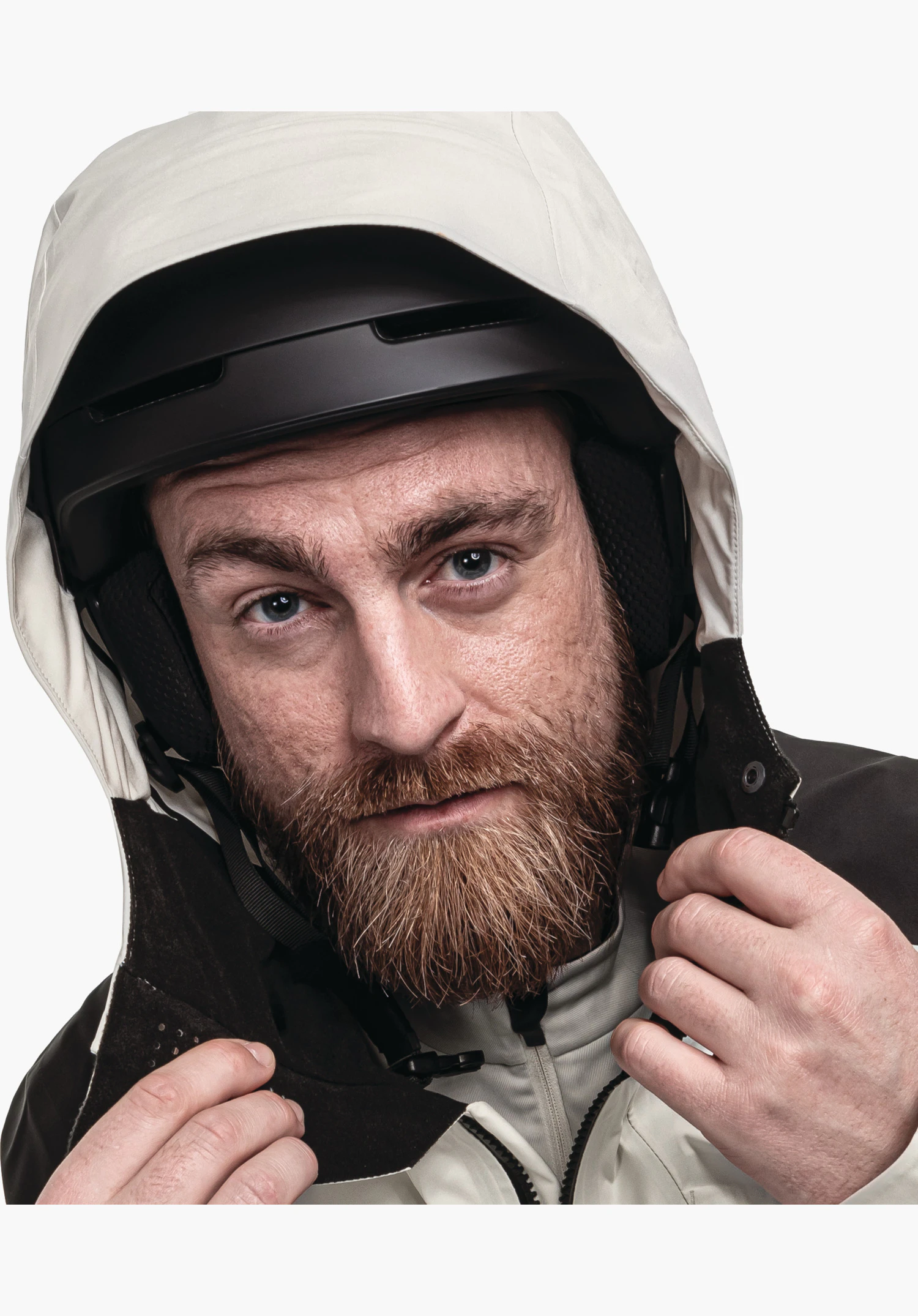 Shell Jk Style Lufeld MNS detail view of the helmet-compatible hood and high collar with laser-cut ventilation holes in the chin guard. The fabric in colour natur shows a robust structure, whilst the open zip reveals the inner lining. Close-up against a white/neutral background.
