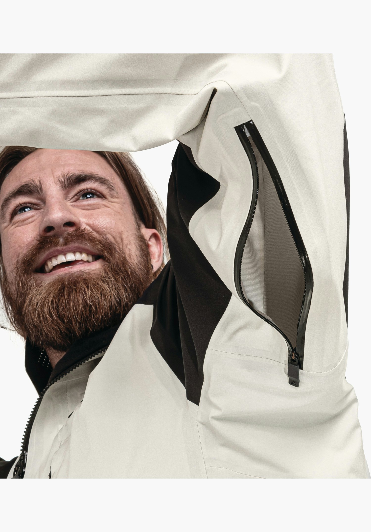 Shell Jk Style Lufeld MNS shows the black ventilation zip under the arm on the natural-coloured fabric, worn by a model in a close-up against a white background.