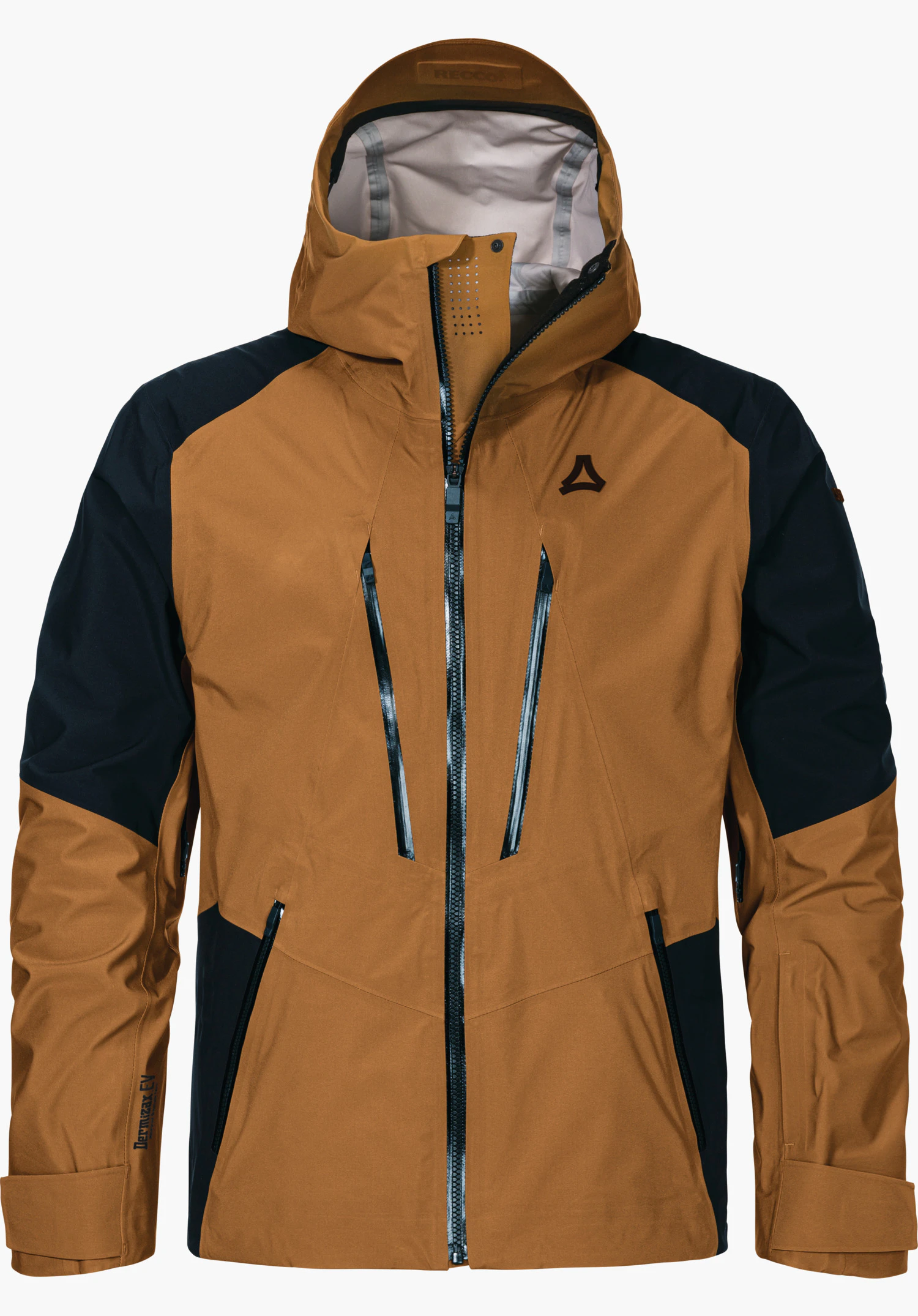 Shell Jk Style Lufeld MNS Outdoorjacke, frontal präsentiert, hellbraun mit dunkelblauen Schulter- und Oberarmeinsätzen, Reißverschluss geschlossen, Kapuze , zwei senkrechte Brustreißverschlüsse, Schöffel-Logo auf der Brust, freigestellt vor weißem Hintergrund. Schriftzug: RECCO; Dermizax EV