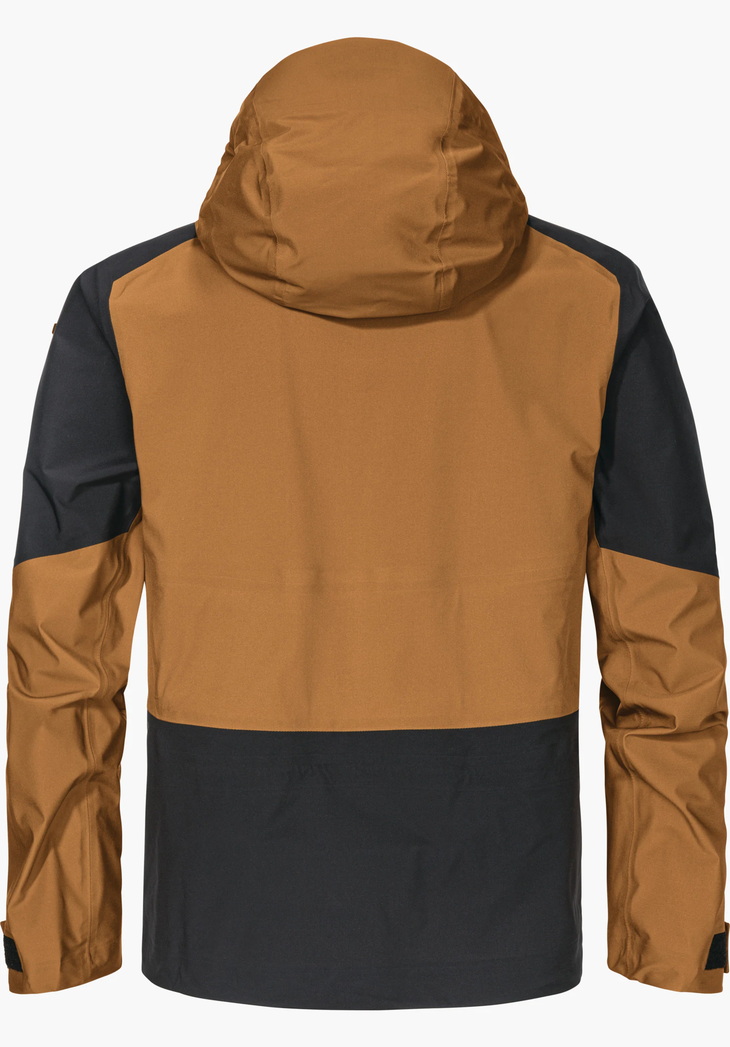 Shell Jk Style Lufeld WMS Hardshell Skijacke, von hinten abgebildet, Hauptfläche hellbraun, unterer Bereich und Ärmelaufsätze schwarz, mit Kapuze, lange Ärmel mit Klettverschlüssen, auf neutralem Hintergrund.