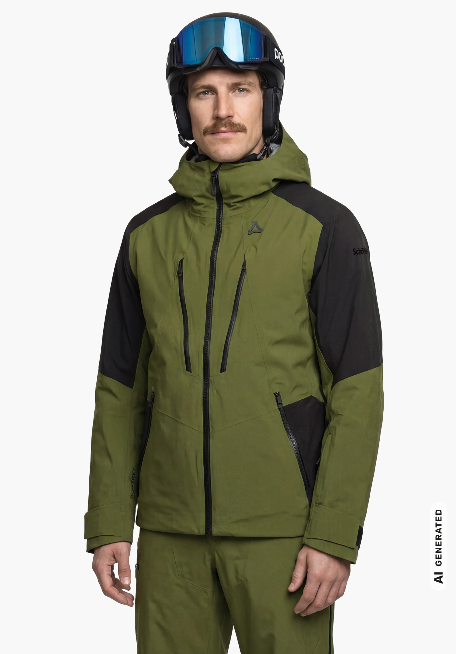 Shell Jk Style Lufeld MNS in grün mit Schöffel-Schriftzug auf dem Ärmel, getragen von einem männlichen Model mit Helm und Skibrille in Frontansicht mit herabhängenden Armen vor weißem Hintergrund. (KI-generiert)