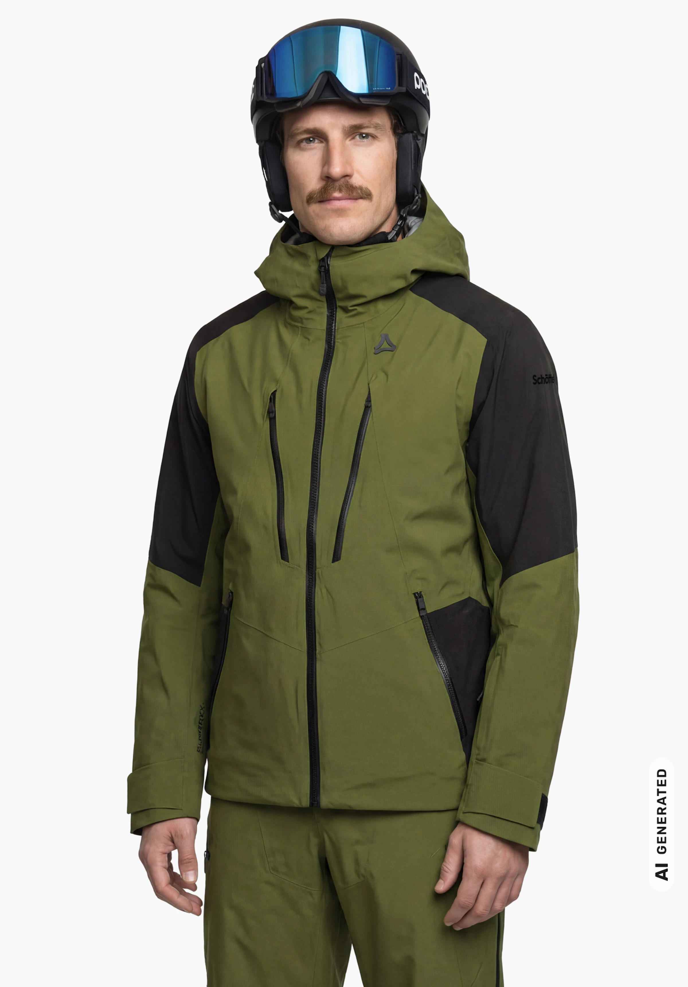 Shell Jk Style Lufeld MNS en vert avec inscription Schöffel sur la manche, porté par un modèle masculin avec casque et masque de ski, vu de face avec les bras le long du corps sur fond blanc. (Généré par IA)