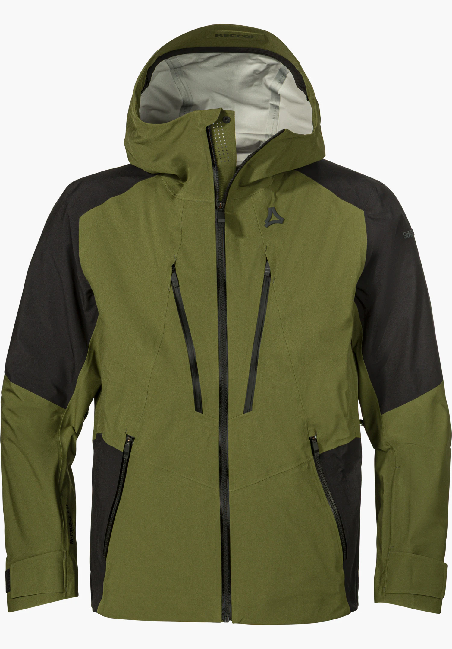 Shell Jk Style Lufeld MNS Skijacke in grün mit Kapuze, schwarzen Schultereinsätzen, Reißverschlusstaschen und Schöffel-Logo in Frontansicht freigestellt vor weißem Hintergrund.