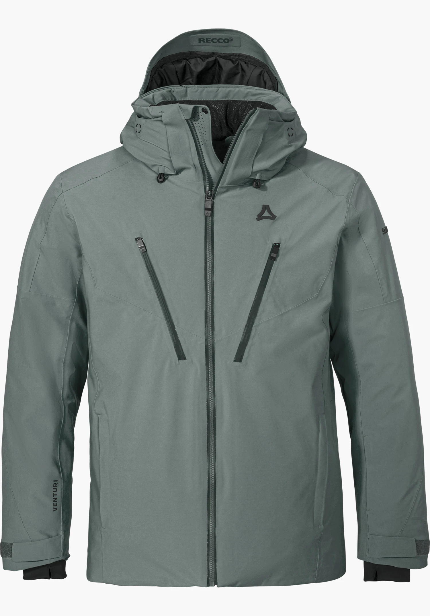 Jacket Style Skuta MNS Skijacke in grau mit Kapuze, Reißverschlüssen und Schöffel-Logo in Frontansicht freigestellt vor weißem Hintergrund.