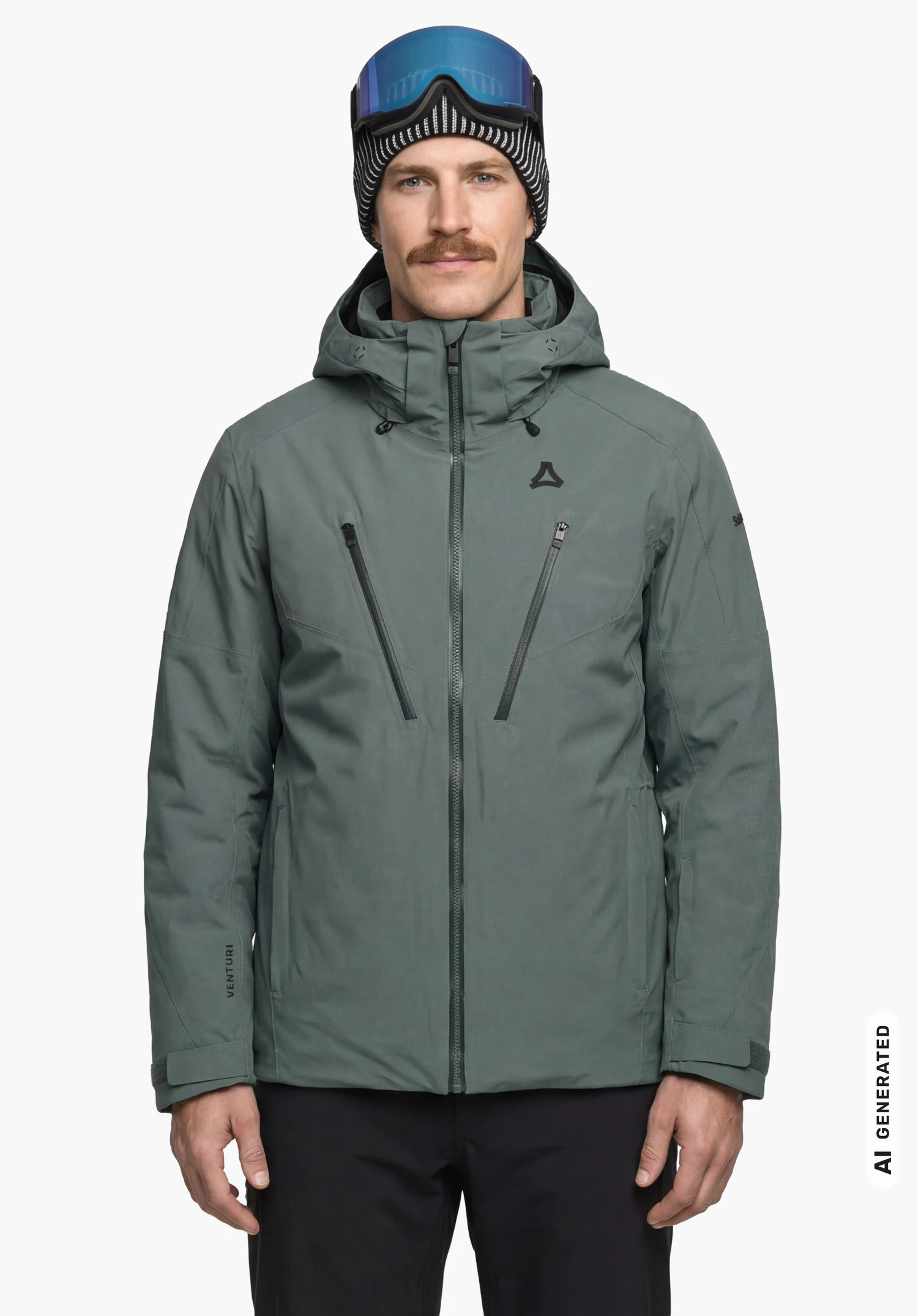 Jacket Style Skuta MNS in grau mit Schöffel-Logo, getragen von einem männlichen Model im aufrechten Stand in Frontansicht mit herabhängenden Armen und geschlossener Kapuze vor weißem Hintergrund. (KI-generiert)