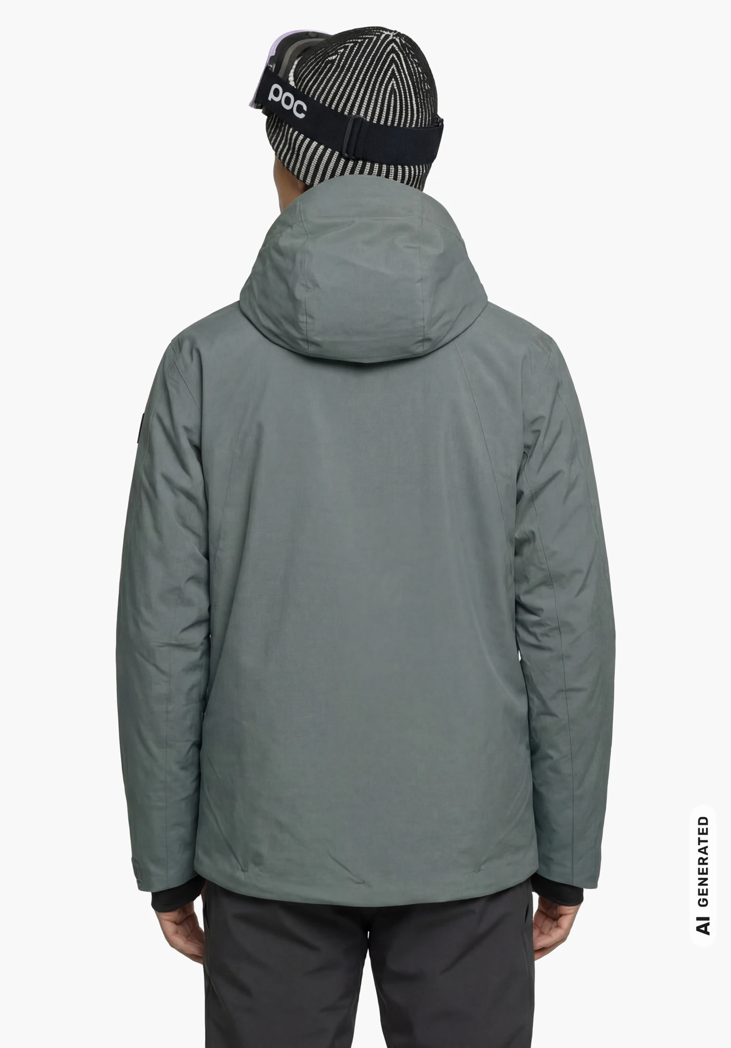 Jacket Style Skuta MNS in grey with Schöffel lettering on the left sleeve, worn by a male model with beanie and ski goggles, standing upright and shown from the back against a white background. (AI-generated)