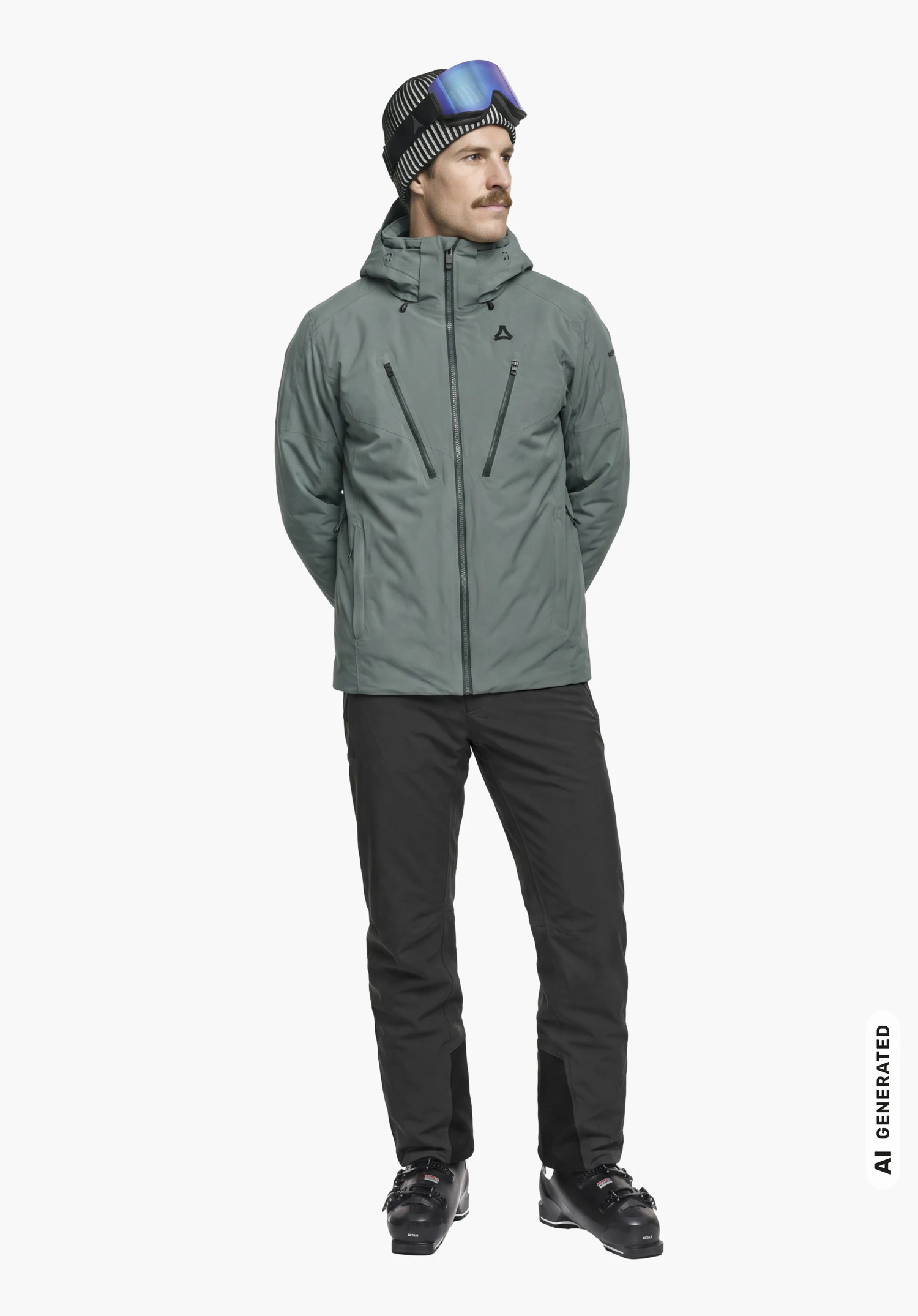 Jacket Style Skuta MNS in grey with Schöffel logo, worn by a male model standing upright with hands clasped behind his back in a three-quarter side view with a closed hood, beanie, and ski goggles against a white background. (AI-generated)