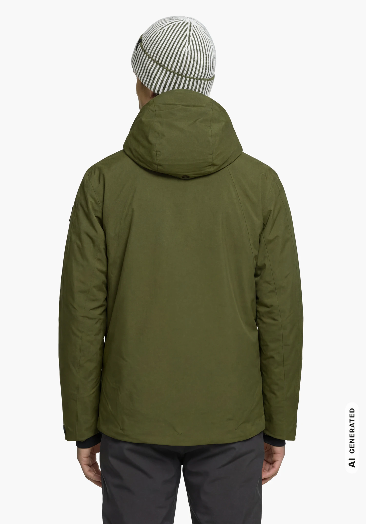Jacket Style Skuta MNS in green, worn by a male model standing upright and shown from the back with arms hanging down and the hood up against a white background. (AI-generated)