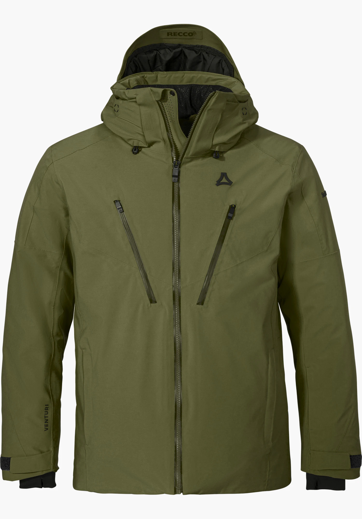 Jacket Style Skuta MNS ski jacket in green with a hood, zippers and black Schöffel logo, shown from the front and isolated on a white background.