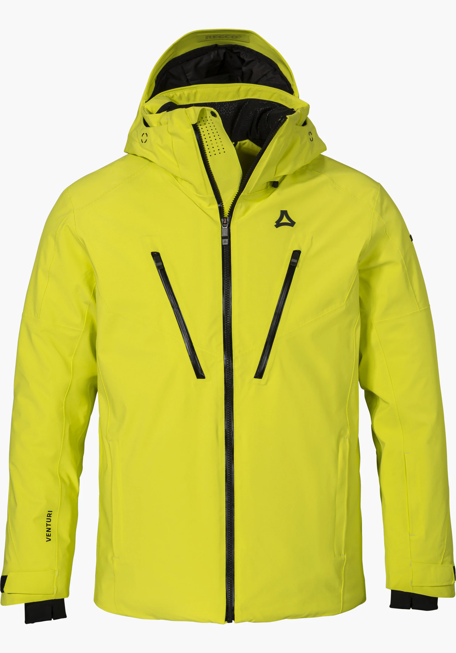 Jacket Style Skuta MNS Skijacke in gelb mit Kapuze, sichtbarem Schöffel-Logo und schwarzen Reißverschlüssen in Frontansicht freigestellt vor weißem Hintergrund.