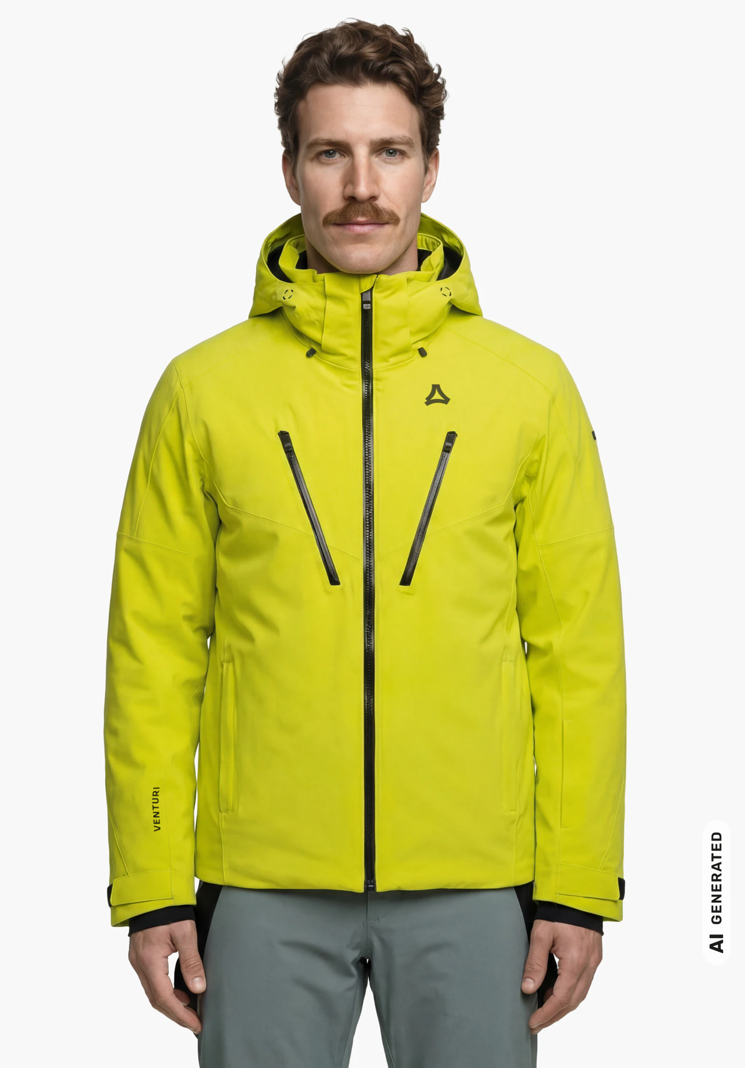 Jacket Style Skuta MNS in gelb, mit sichtbarem Schöffel-Logo, getragen von einem männlichen Model im aufrechten Stand in Frontansicht mit geschlossenem Reißverschluss vor weißem Hintergrund. (KI-generiert)
