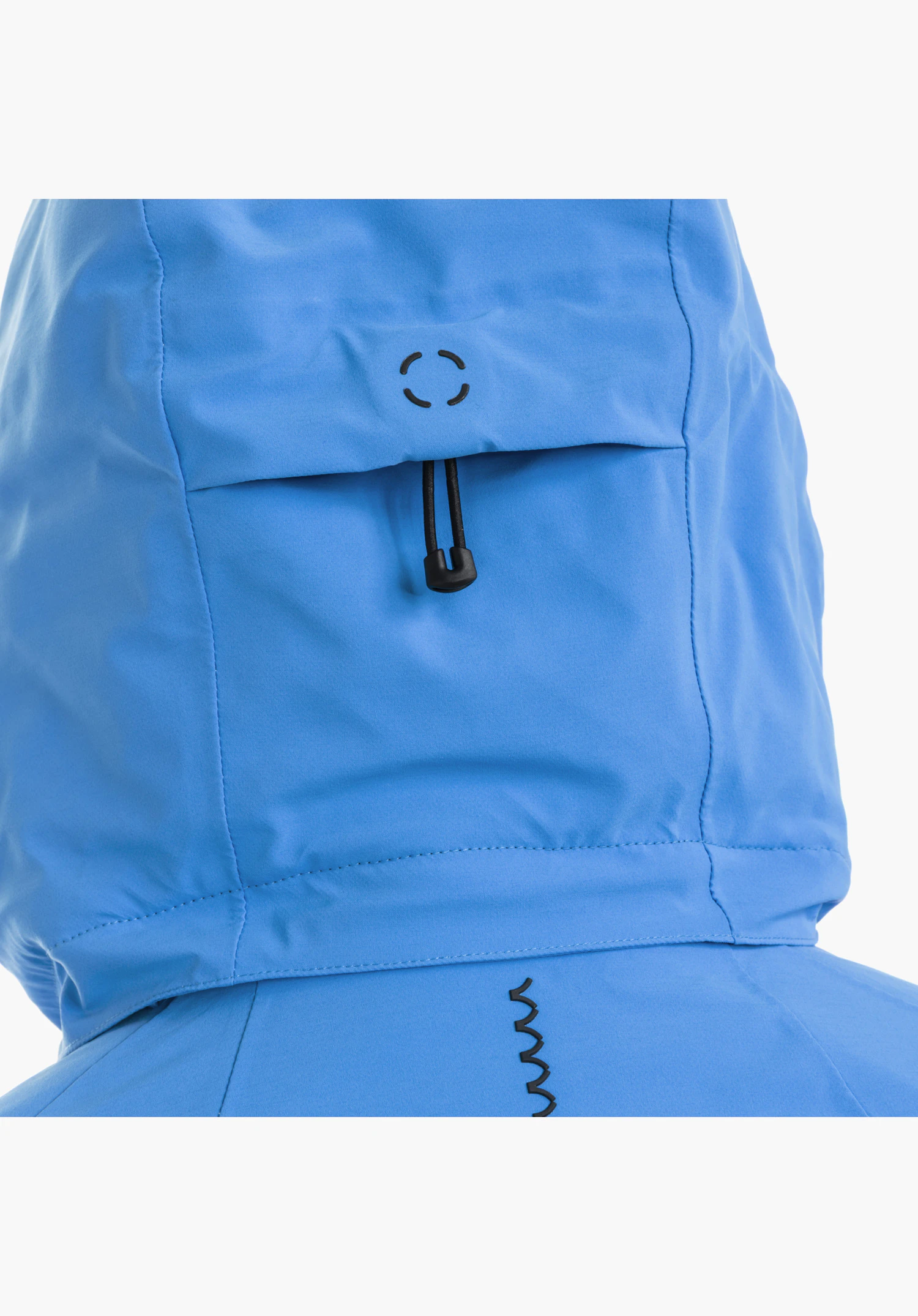 Jacket Style Skuta MNS in blue showing a close-up of the hood adjustment with elastic drawcord and Schöffel logo as a subtle print close-up against a white background.