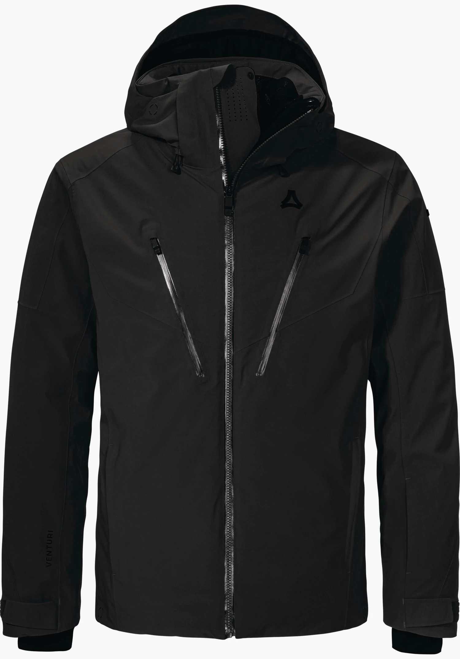 Jacket Style Skuta MNS Schwarze Skijacke, frontal präsentiert, Reißverschluss geschlossen, Kapuze aufgerichtet; Schöffel-Logo auf Brust, zwei schräge Brustreißverschlüsse; weißer Hintergrund. Schriftzug: "VENTURI".