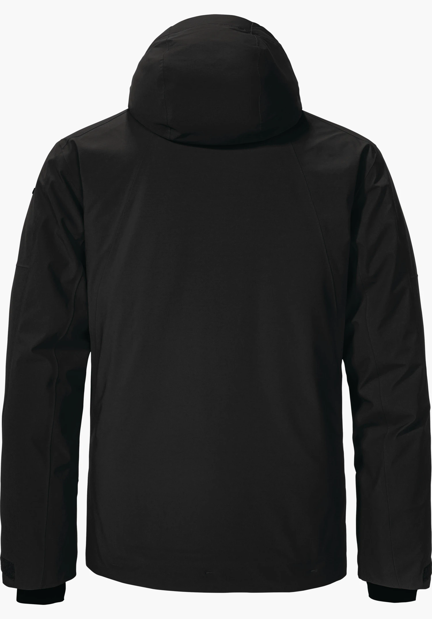 Jacket Style Skuta MNS schwarze Skijacke mit Kapuze, Rückansicht; glatte Oberfläche, lange Ärmel mit Klettbündchen und innenliegenden Strickbündchen, freigestellt vor hellweißem Hintergrund.