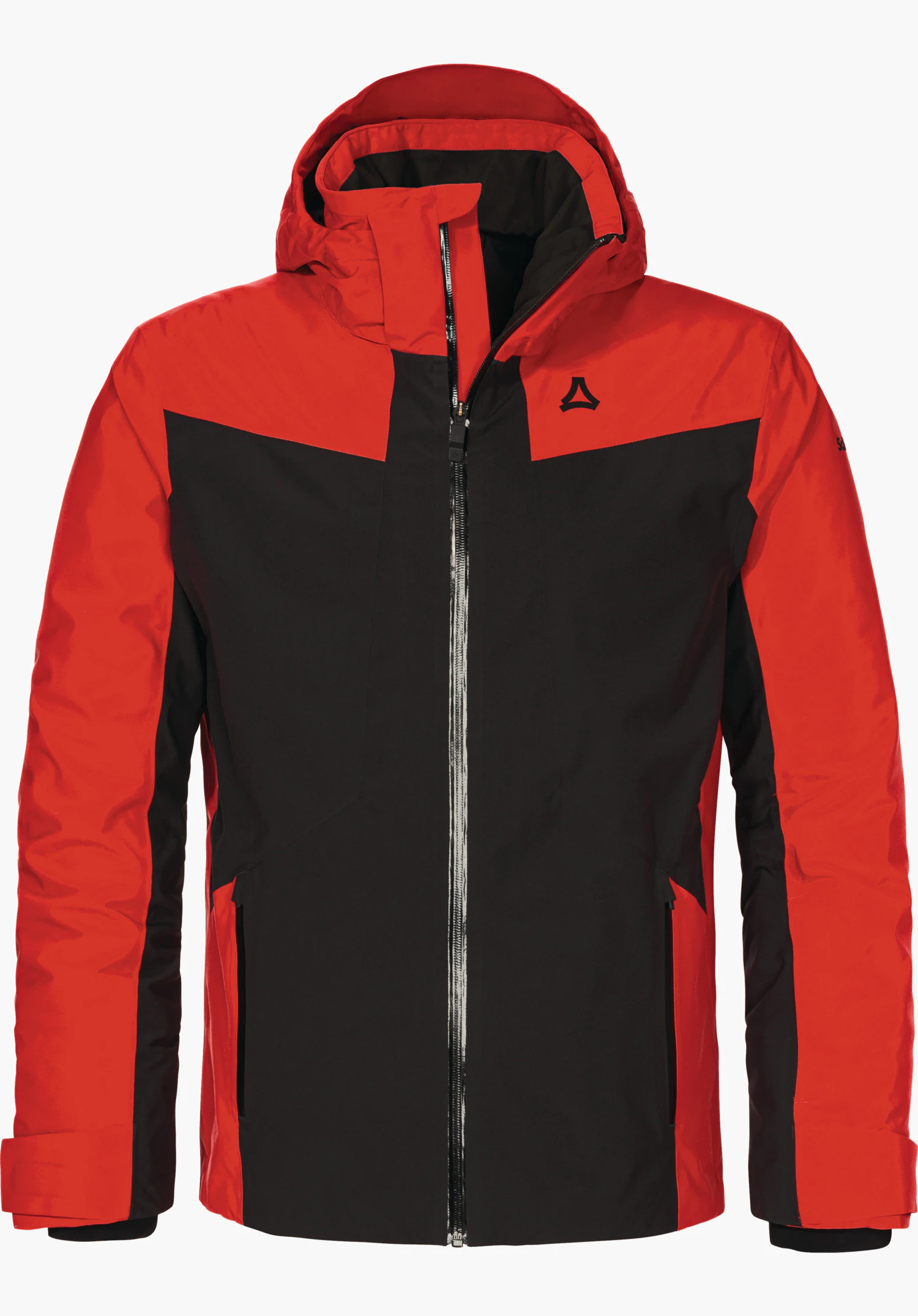 Jacket Style Trifex MNS Rood-zwarte skijas frontaal gepresenteerd, centrale rits, capuchon en zakken, Schöffel-logo op de borst, tegen neutrale witte achtergrond.