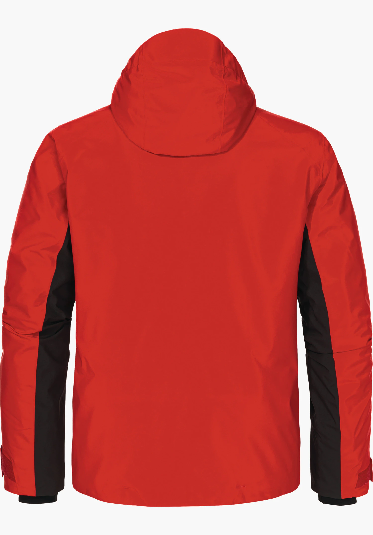 Jacket Style Trifex MNS Rode colour block skijas met capuchon, achteraanzicht; zwarte zij-inzetten aan de mouwen; vrijstaand op witte achtergrond.