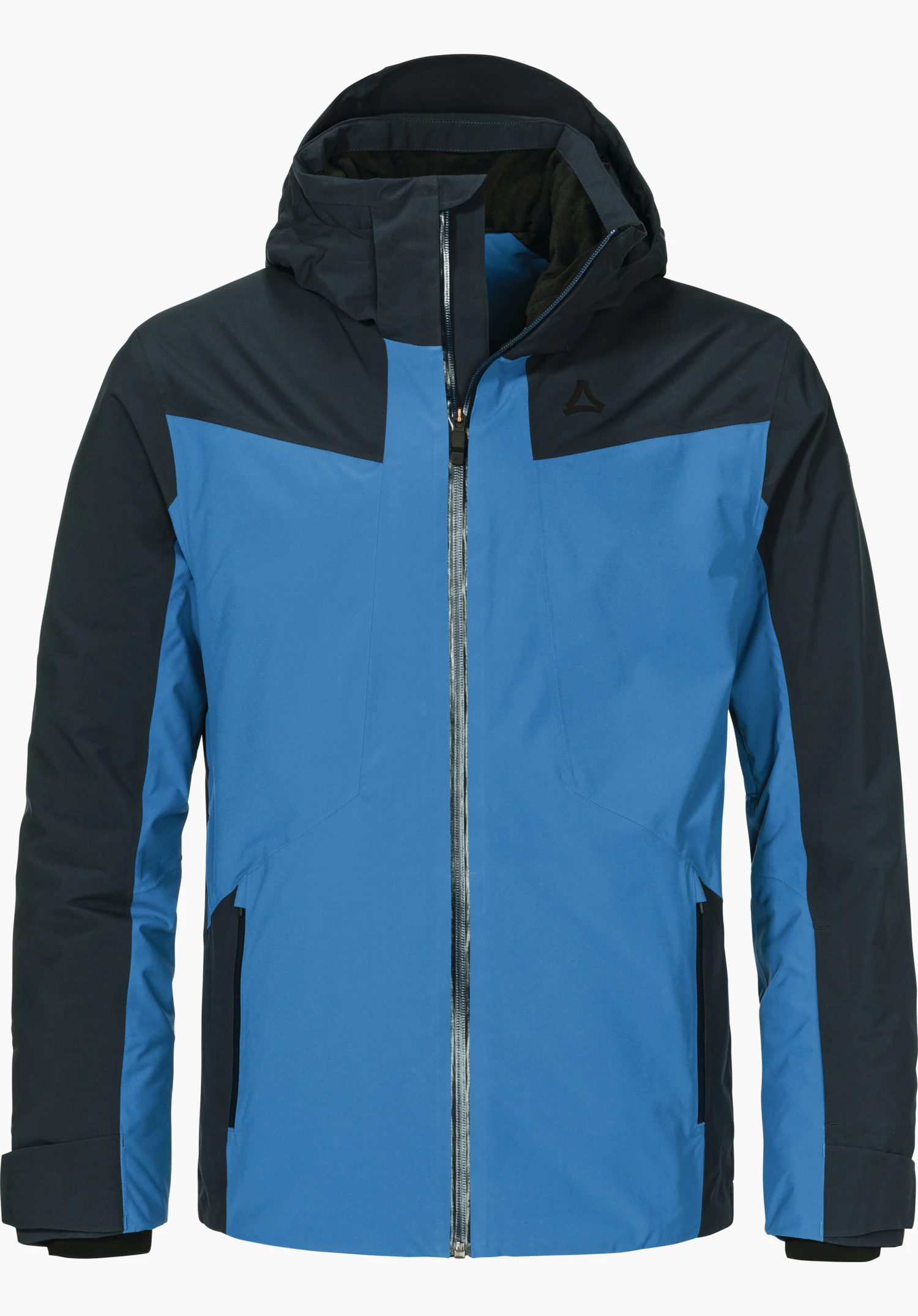 Jacket Style Trifex MNS ski jacket, front view, zip closed, hood raised; blue with dark blue inserts on shoulders, sleeves and sides; Schöffel logo on right chest; white background.