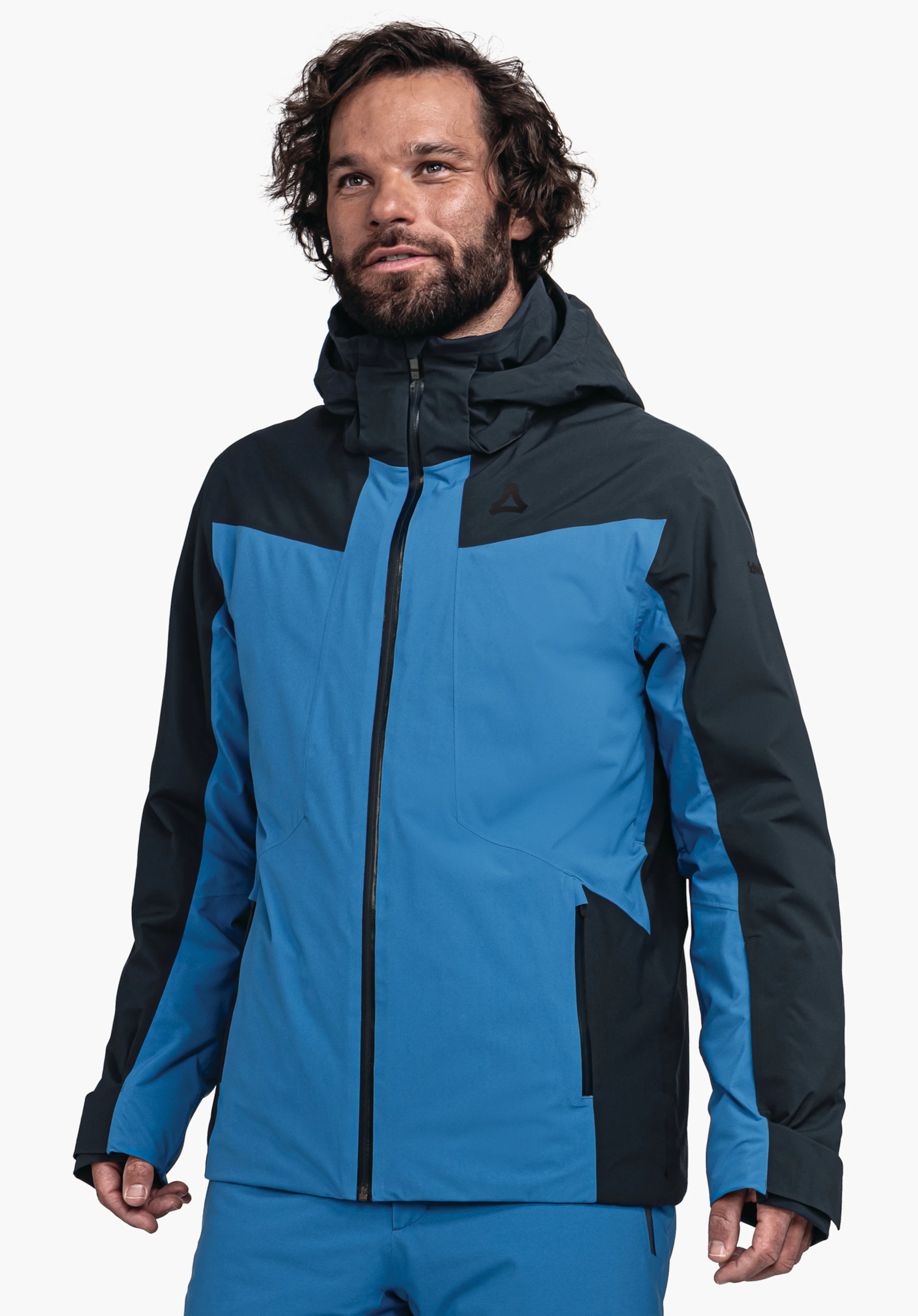 Jacket Style Trifex MNS light blue outdoor jacket with black contrast panels and Schöffel logo, worn by a man looking slightly upwards; white background.
