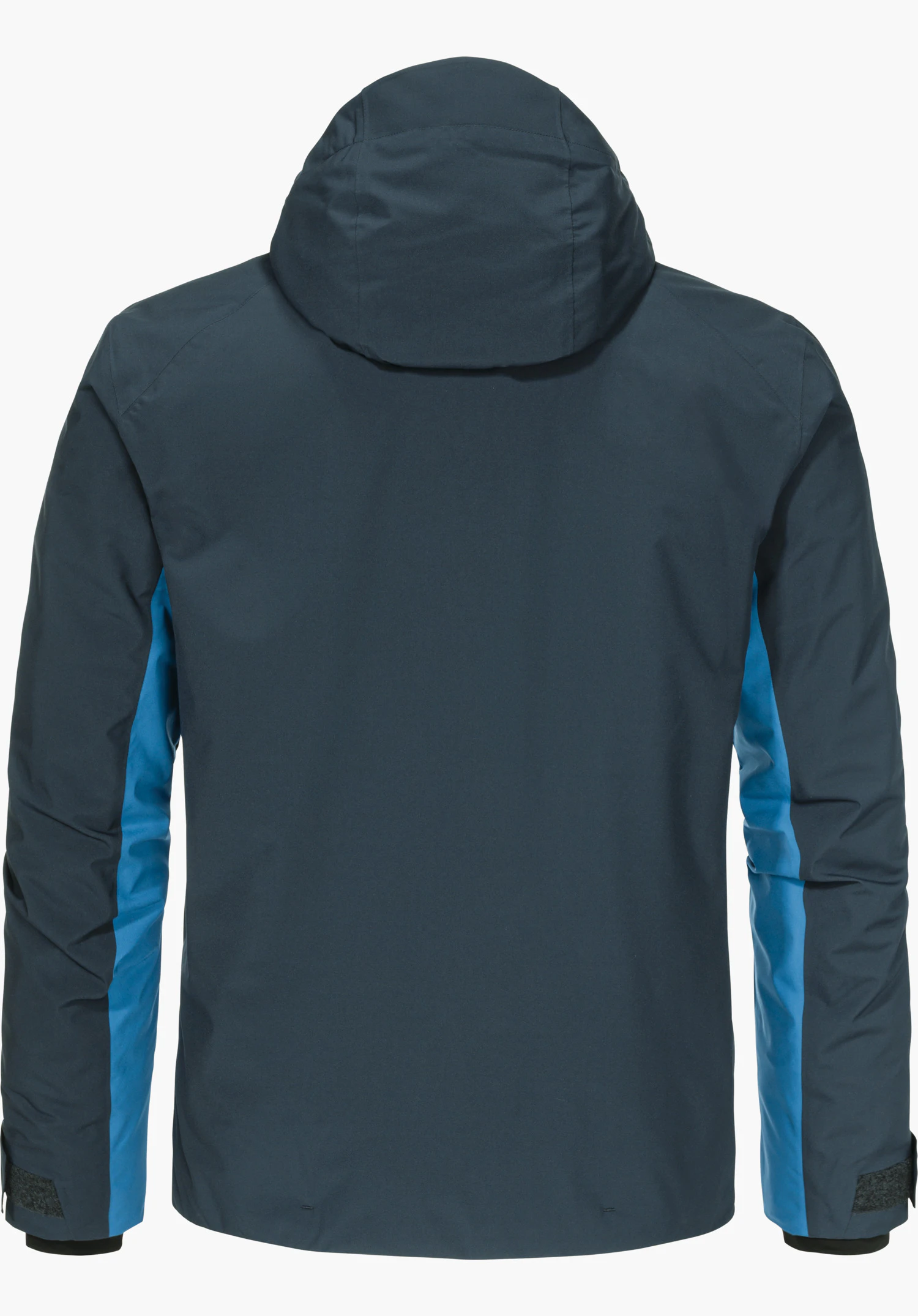 Jacket Style Trifex MNS dark blue colour block ski jacket with hood, light blue side inserts, showing the back, standing against a white background.