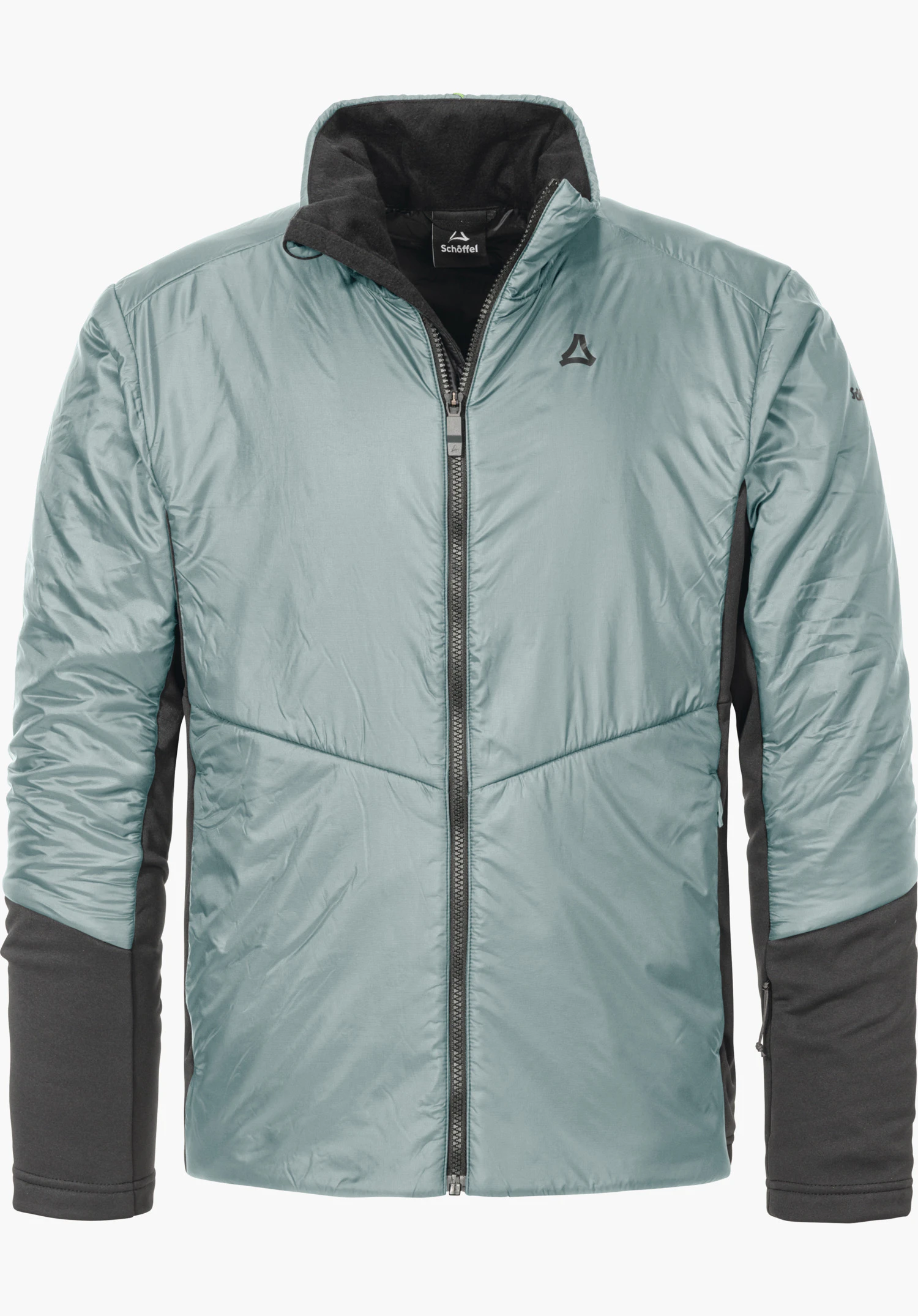 Ins Jacket Style Pontre MNS Schwarze gesteppte Skijacke mit geschlossenem Reißverschluss und hochstehendem Kragen, vor weißem Hintergrund. Schriftzug: "Schöffel" (Schöffel-Logo innen am Kragen).