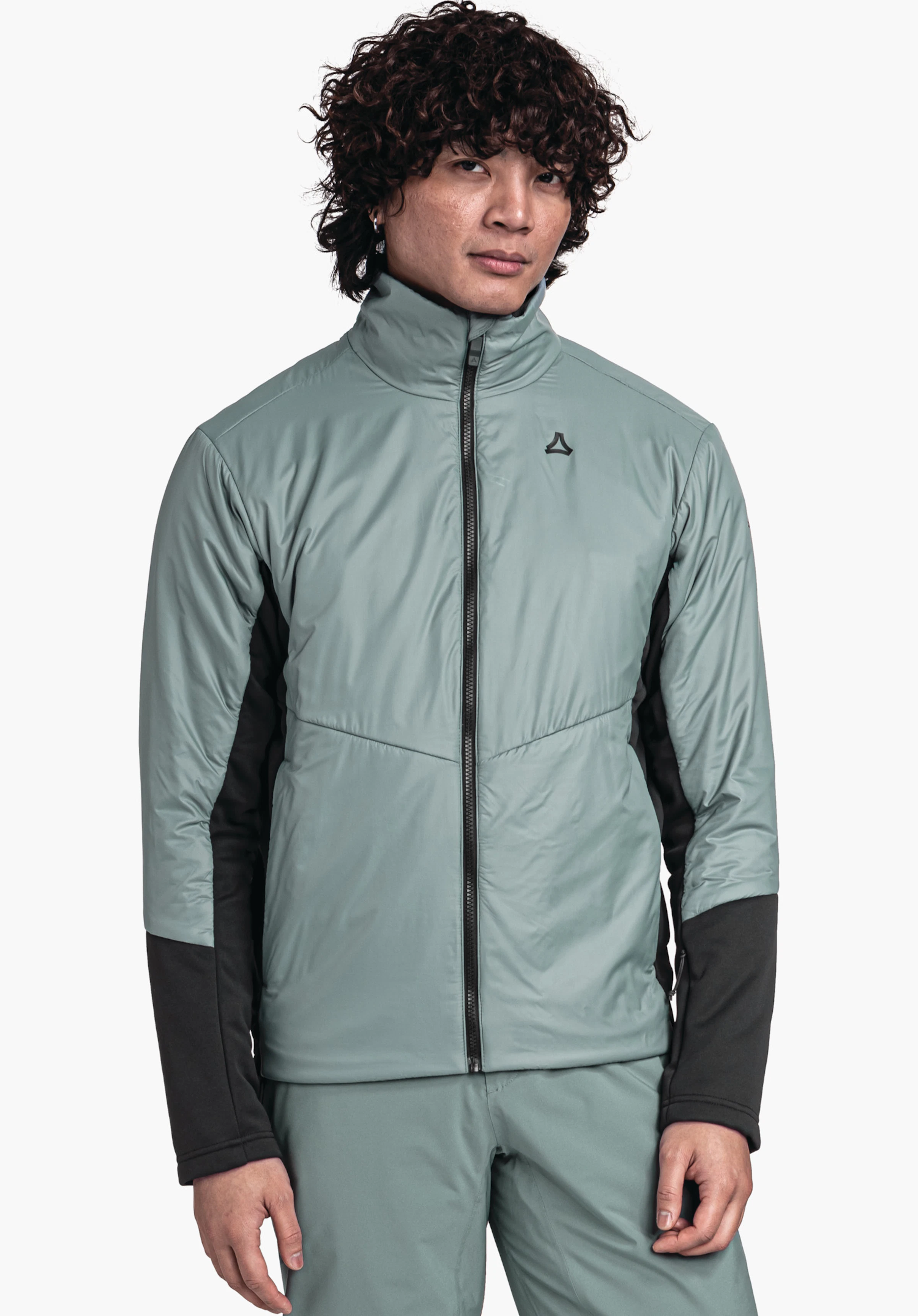 Ins Jacket Style Pontre MNS light green jacket with black zip and black sleeves, Schöffel logo on the chest; worn by a standing person against a white background.