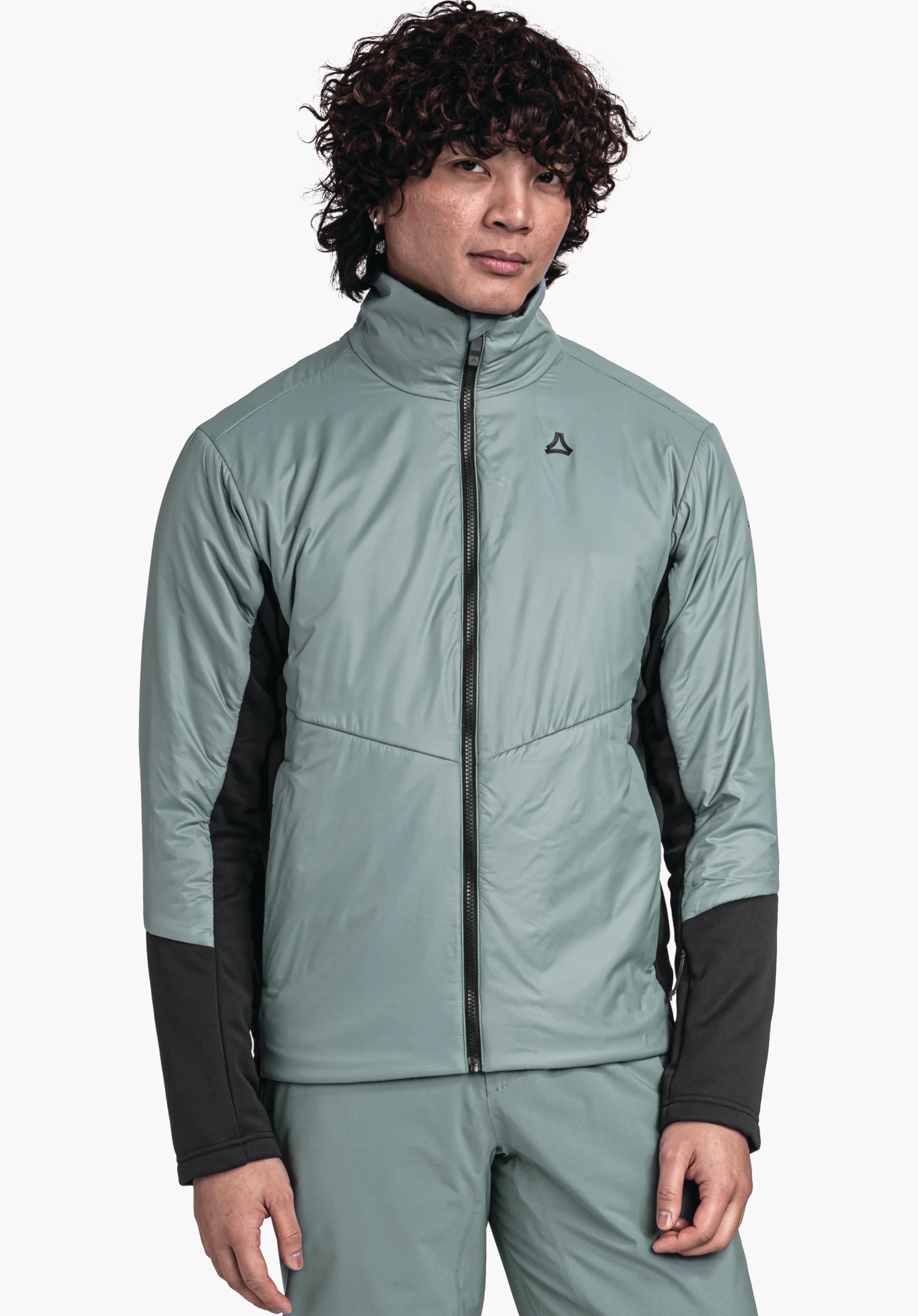Ins Jacket Style Pontre MNS light green jacket with black zip and black sleeves, Schöffel logo on the chest; worn by a standing person against a white background.
