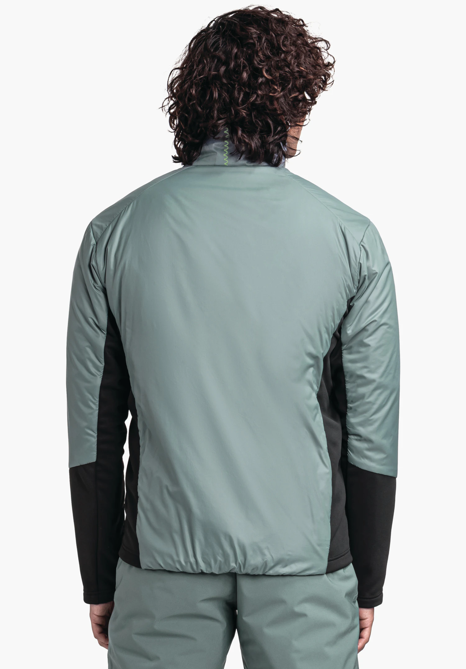Ins Jacket Style Pontre MNS grey jacket worn by a man from the back; high collar with green zigzag stitching; arms relaxed at the sides; neutral white background.