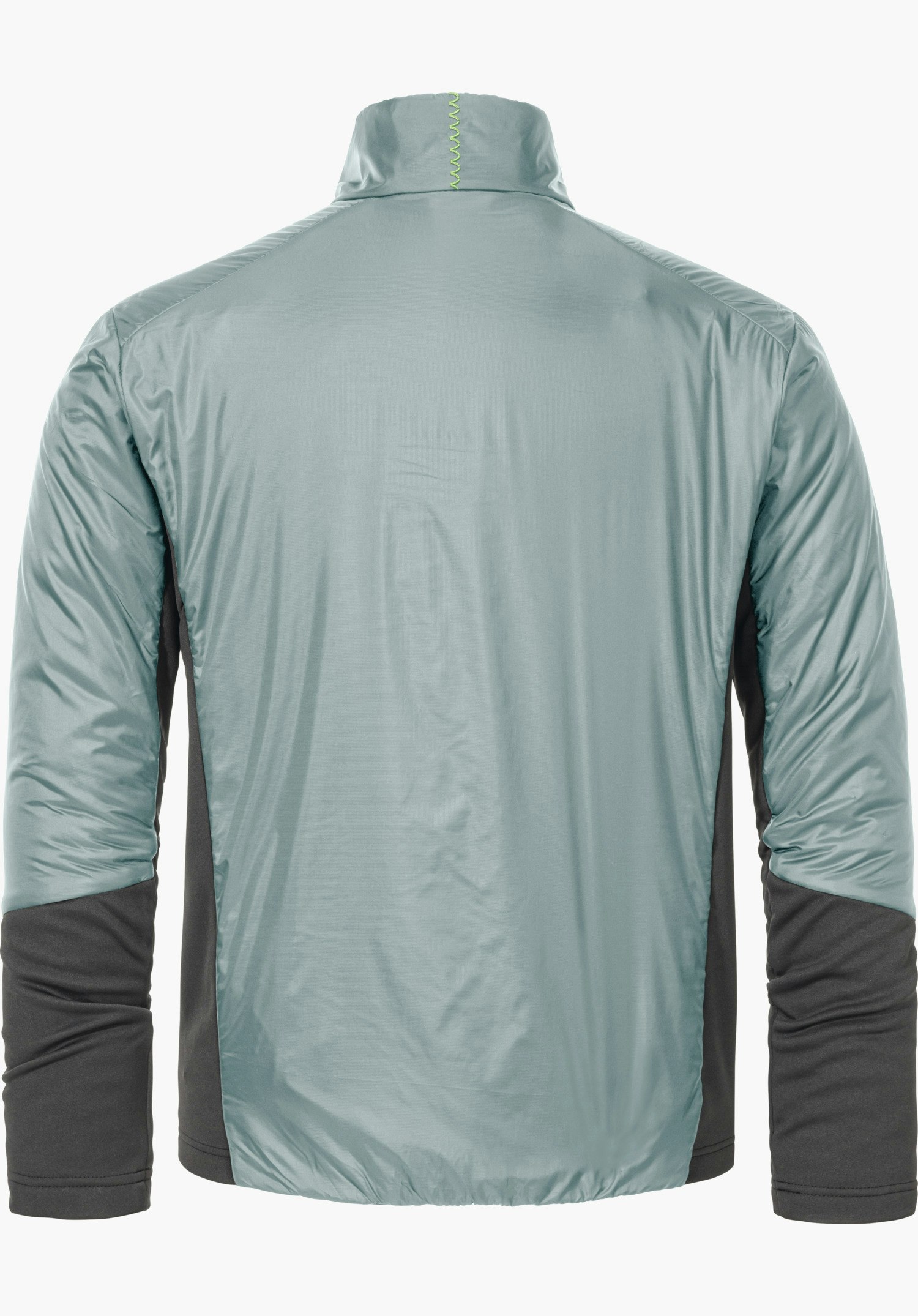 Ins Jacket Style Pontre MNS Jacke, zeigt Rückseite, glatte hell blau Außenfläche, schwarze Seiteneinsätze und Ärmelunterseiten, grüne Ziernaht am Kragen, auf weißem Hintergrund.
