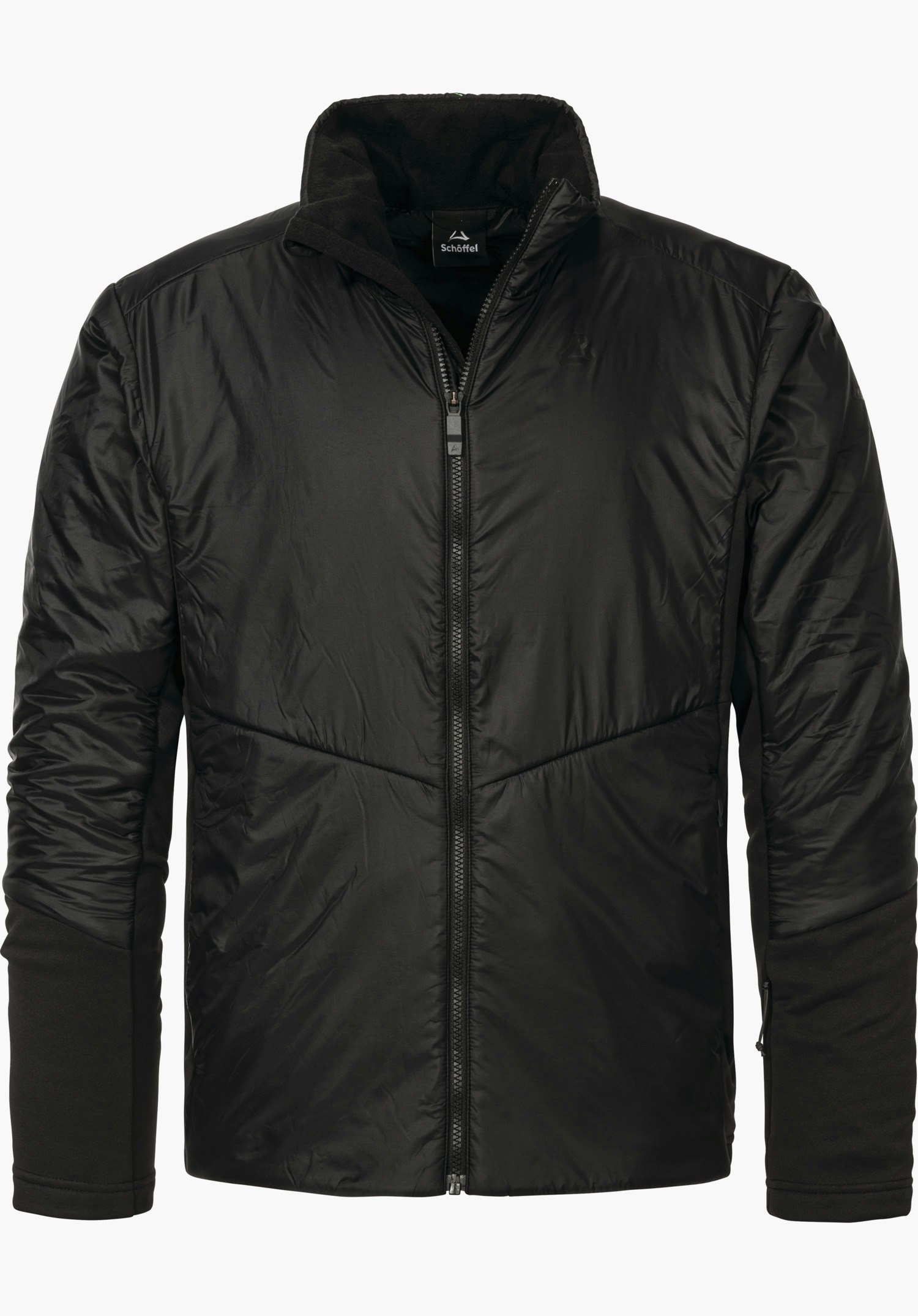 Ins Jacket Style Pontre MNS Schwarze gesteppte Skijacke mit geschlossenem Reißverschluss und hochstehendem Kragen, vor weißem Hintergrund. Schriftzug: "Schöffel" (Schöffel-Logo innen am Kragen).