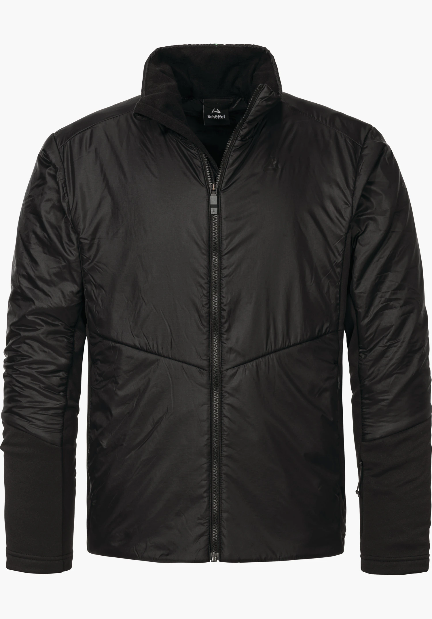 Ins Jacket Style Pontre MNS Schwarze gesteppte Skijacke mit geschlossenem Reißverschluss und hochstehendem Kragen, vor weißem Hintergrund. Schriftzug: "Schöffel" (Schöffel-Logo innen am Kragen).