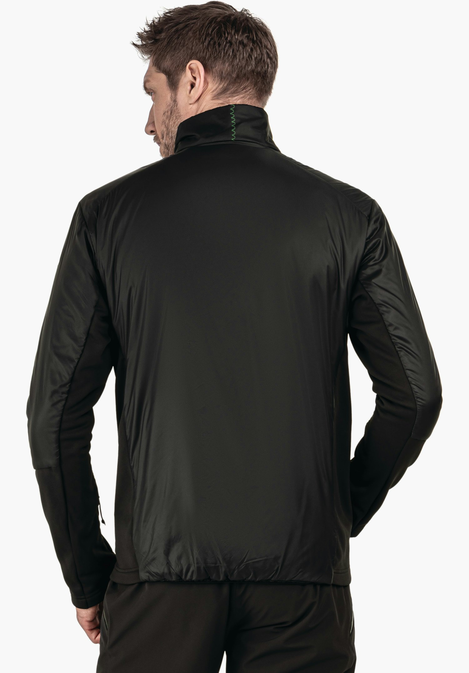 Ins Jacket Style Pontre MNS black jacket worn by a man from the back; high collar with green zigzag stitching; arms relaxed at the sides; neutral white background.