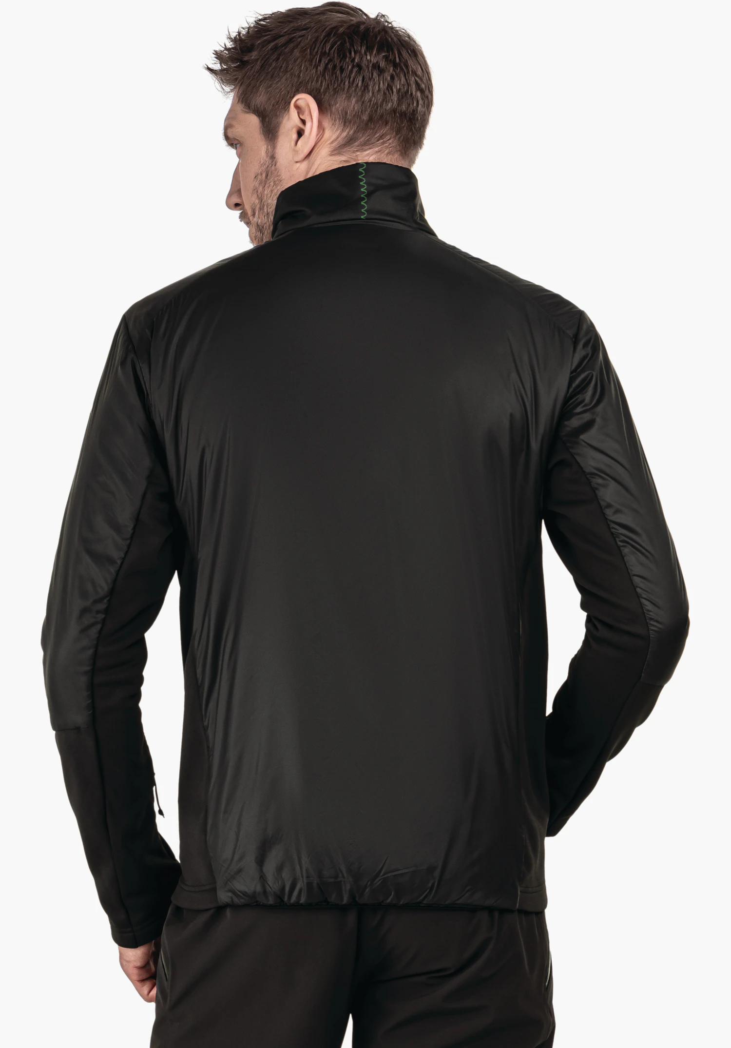 Ins Jacket Style Pontre MNS black jacket worn by a man from the back; high collar with green zigzag stitching; arms relaxed at the sides; neutral white background.