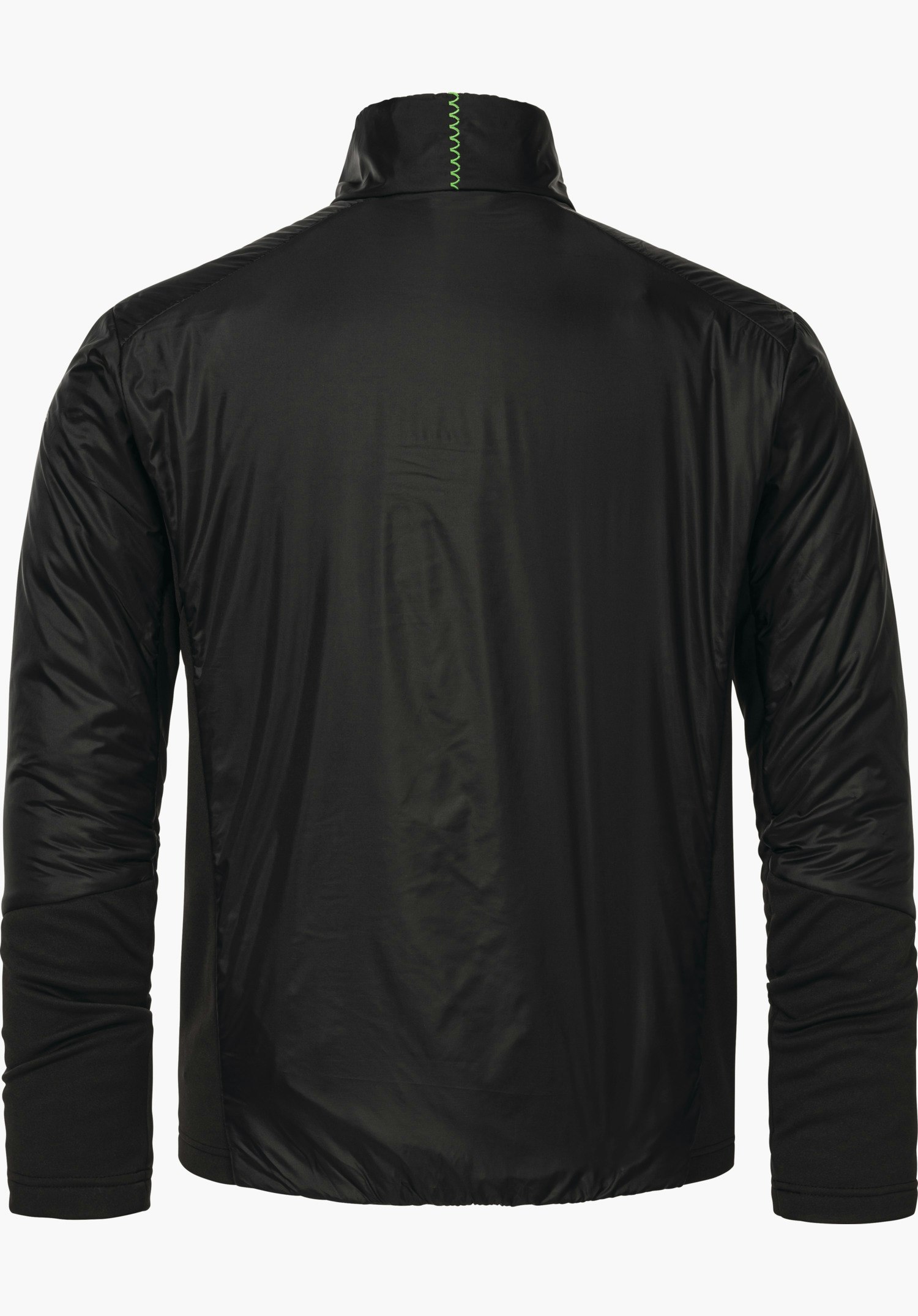 Ins Jacket Style Pontre MNS jacket, rear view: black, presented against a white background; light green zigzag stitching at the collar, long sleeves with matt inserts, smooth, slightly glossy surface.