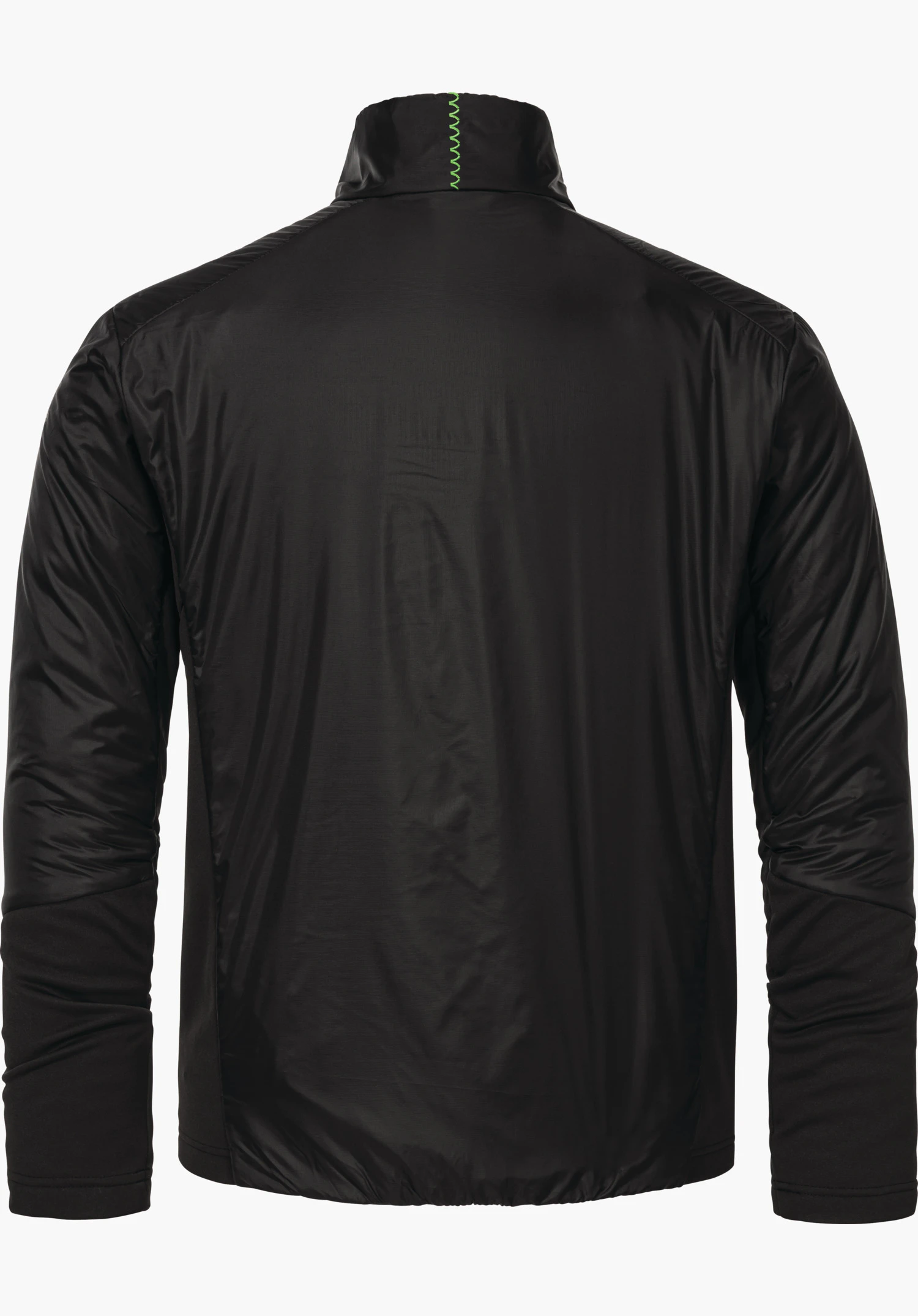 Ins Jacket Style Pontre MNS jacket, rear view: black, presented against a white background; light green zigzag stitching at the collar, long sleeves with matt inserts, smooth, slightly glossy surface.