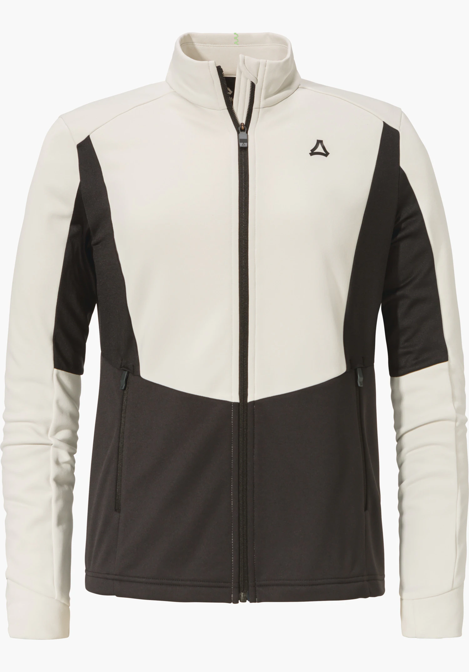 Fleece Jk Style Pontre WMS Weiße und schwarze Softshell-Jacke mit geschlossenem Reißverschluss, zwei seitlichen Reißverschlusstaschen, Schöffel-Logo auf der Brust; gerade geschnittener Rumpf, weißer Hintergrund.