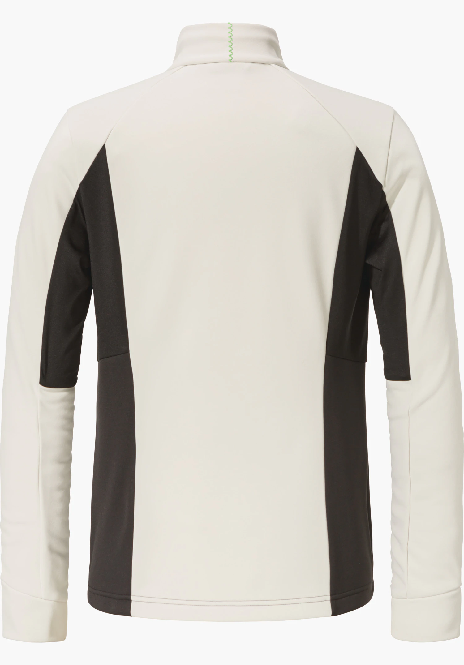 Fleece Jk Style Pontre WMS helle Fleecejacke, zeigt Rücken, mit schwarzen Seiteneinsätzen, langen Ärmeln und stehendem Kragen mit grünem Zickzackstich; neutraler heller Hintergrund.