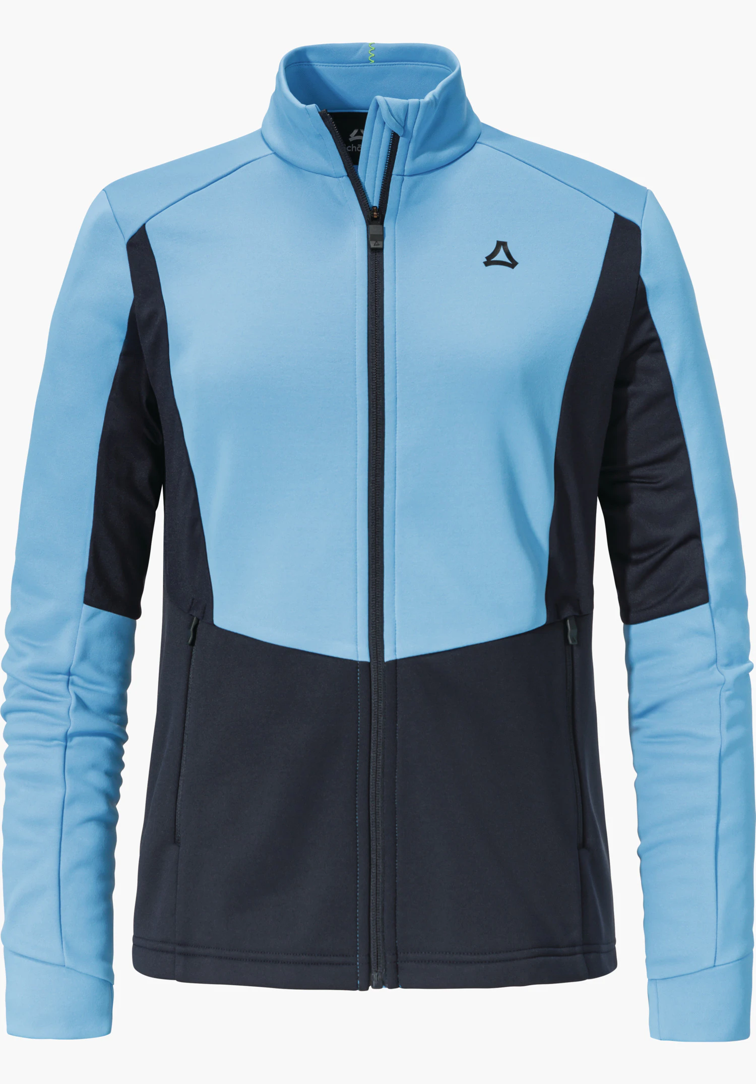 Fleece Jk Style Pontre WMS hellblau und dunkelblau, zweifarbige Softshelljacke mit geschlossenem Reißverschluss, frontal vor weißem Hintergrund präsentiert; Schöffel-Logo auf der linken Brust.