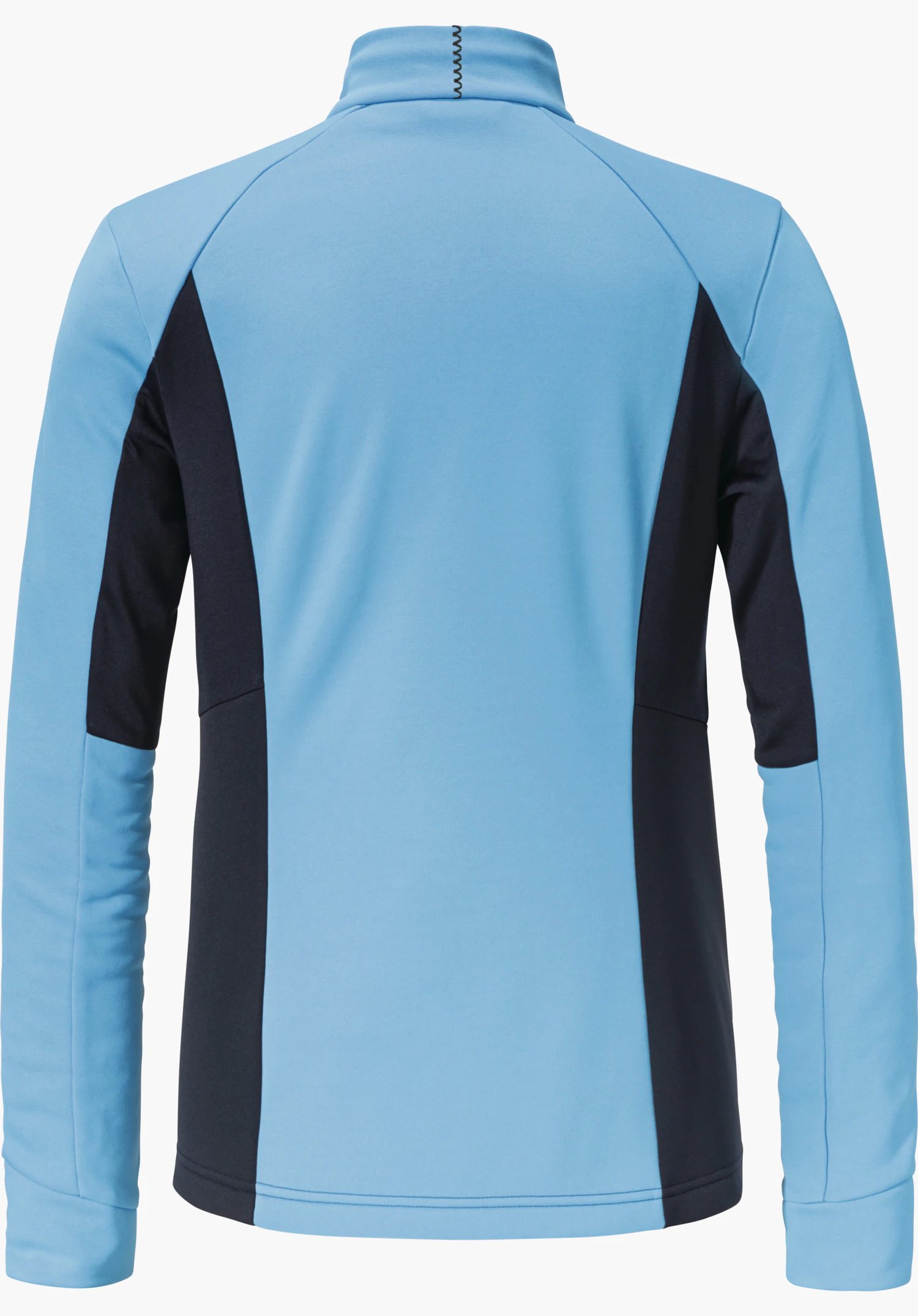 Fleece Jk Style Pontre WMS Fleecejacke, präsentiert rückseitig, hellblau mit dunkelblauen Seiteneinsätzen und langen Ärmeln, hoher Kragen, auf weißem Hintergrund fotografiert.